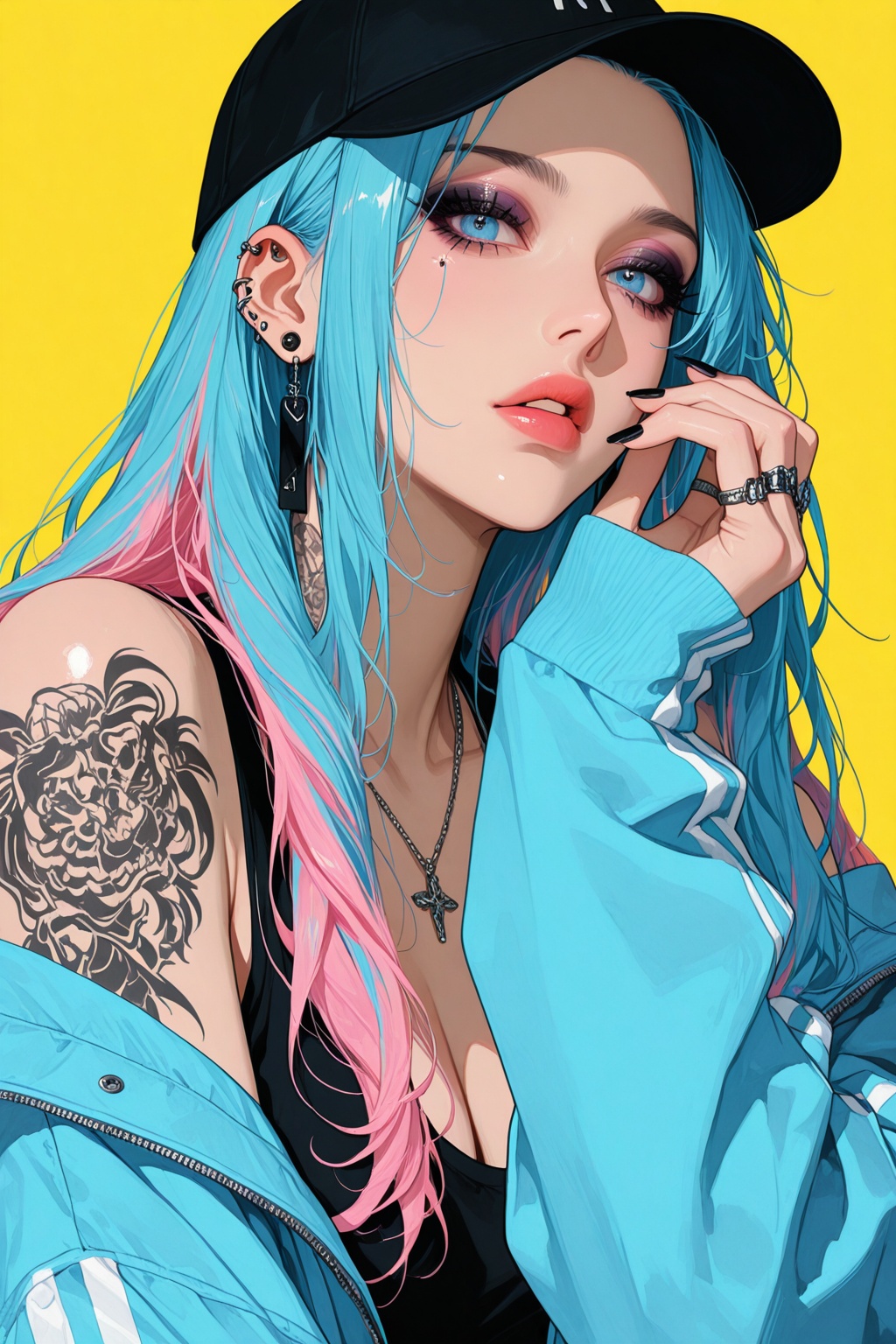 1girl, solo, long hair, looking at viewer, blue eyes, long sleeves, hat, jewelry, blue hair, jacket, upper body, pink hair, multicolored hair, earrings, parted lips, hand up, necklace, off shoulder, nail polish, two-tone hair, lips, fingernails, sleeves past wrists, eyelashes, black headwear, tattoo, makeup, piercing, ring, blue jacket, ear piercing, black nails, baseball cap, yellow background, eyeshadow, arm tattoo, shoulder tattoo, multiple rings, masterpiece, very aesthetic, absurdres, best quality, good quality, newest, highres,Anime screencap,anime coloring,shiny,niji_style