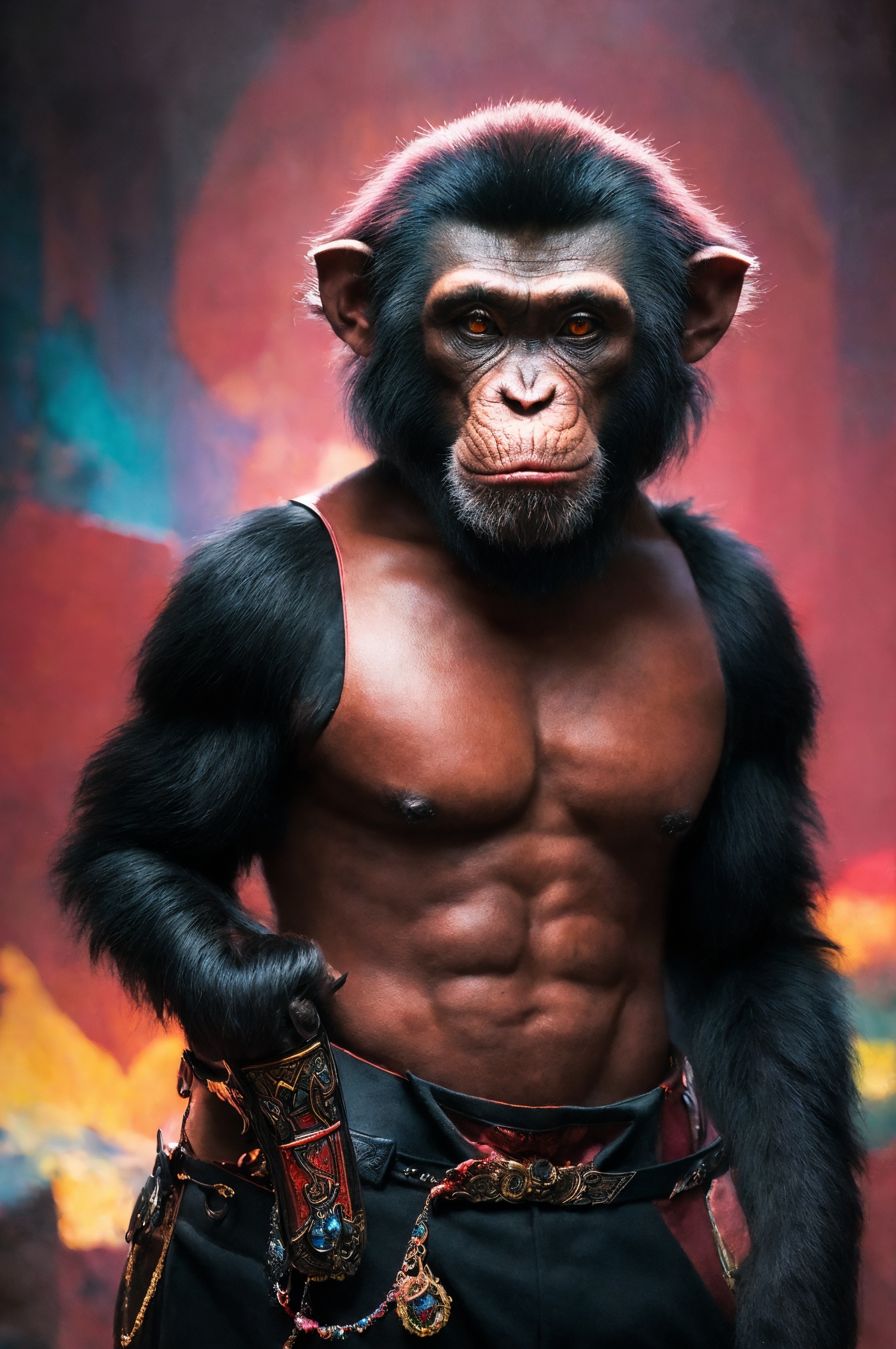 (masterpiece, top quality, best quality, official art, beautiful and aesthetic:1.2) ,cover art, two colors, (Yak:1.1) - Chimpanzee hybrid, it is Vampiric and Tiny, Kodachrome, Proud, Concept artist, Sad, overly complex style, Angry, Fantasy, Soutache, Cold Colors, loop lighting
