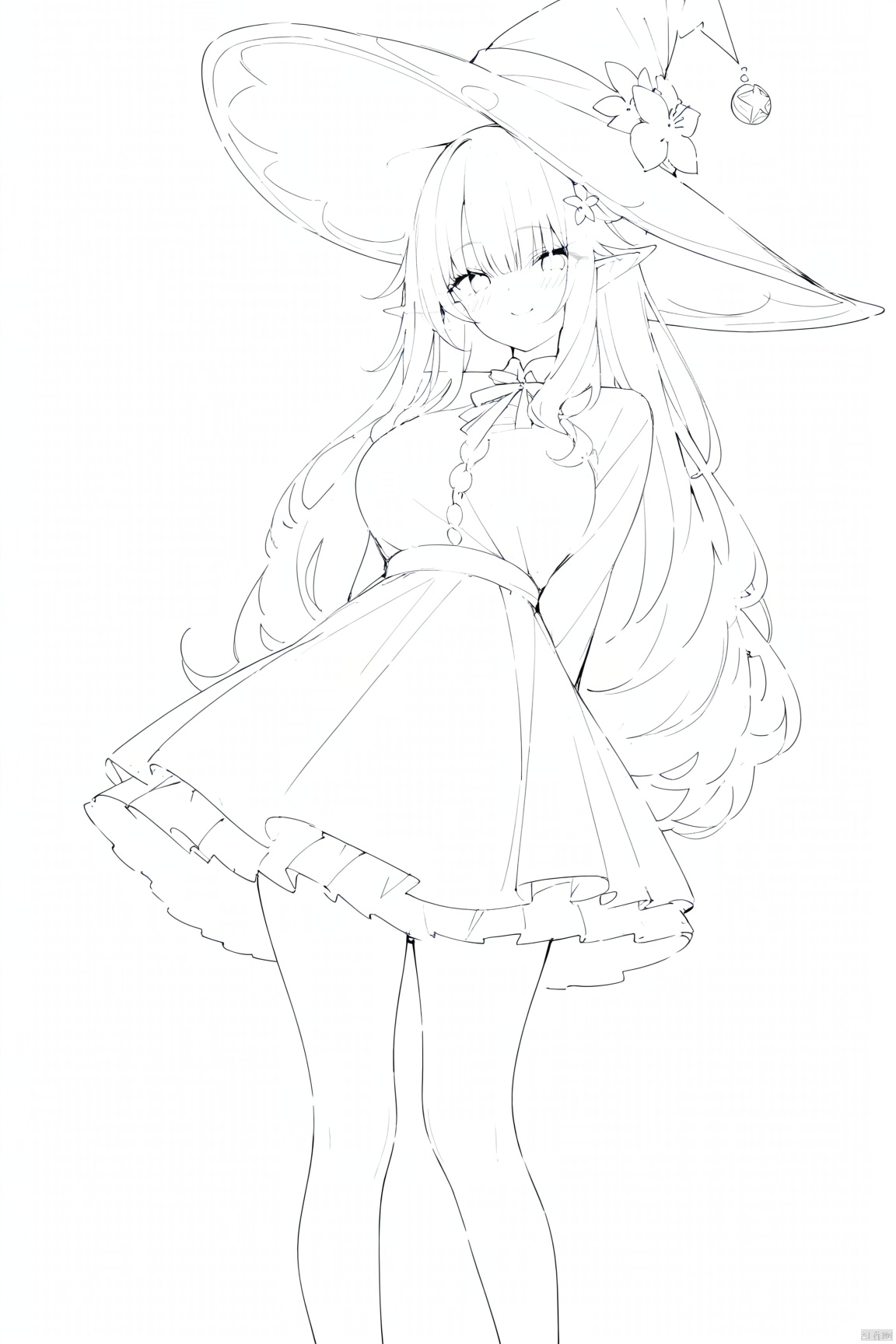 (greyscale, monochrome, sketch), (masterpiece:1.2), (arms behind back:1.2), best quality, game cg, 1girl, solo, long hair, white hair, hair ornament, dress, full body, looking at viewer, simple background, red eyes, standing, hair flower, white background, white dress, closed mouth, long sleeves, skirt, wavy hair, blush, large breasts, smile, very long hair, hand up, floral print, witch hat, elf,<lora:EMS-261615-EMS:1.000000>