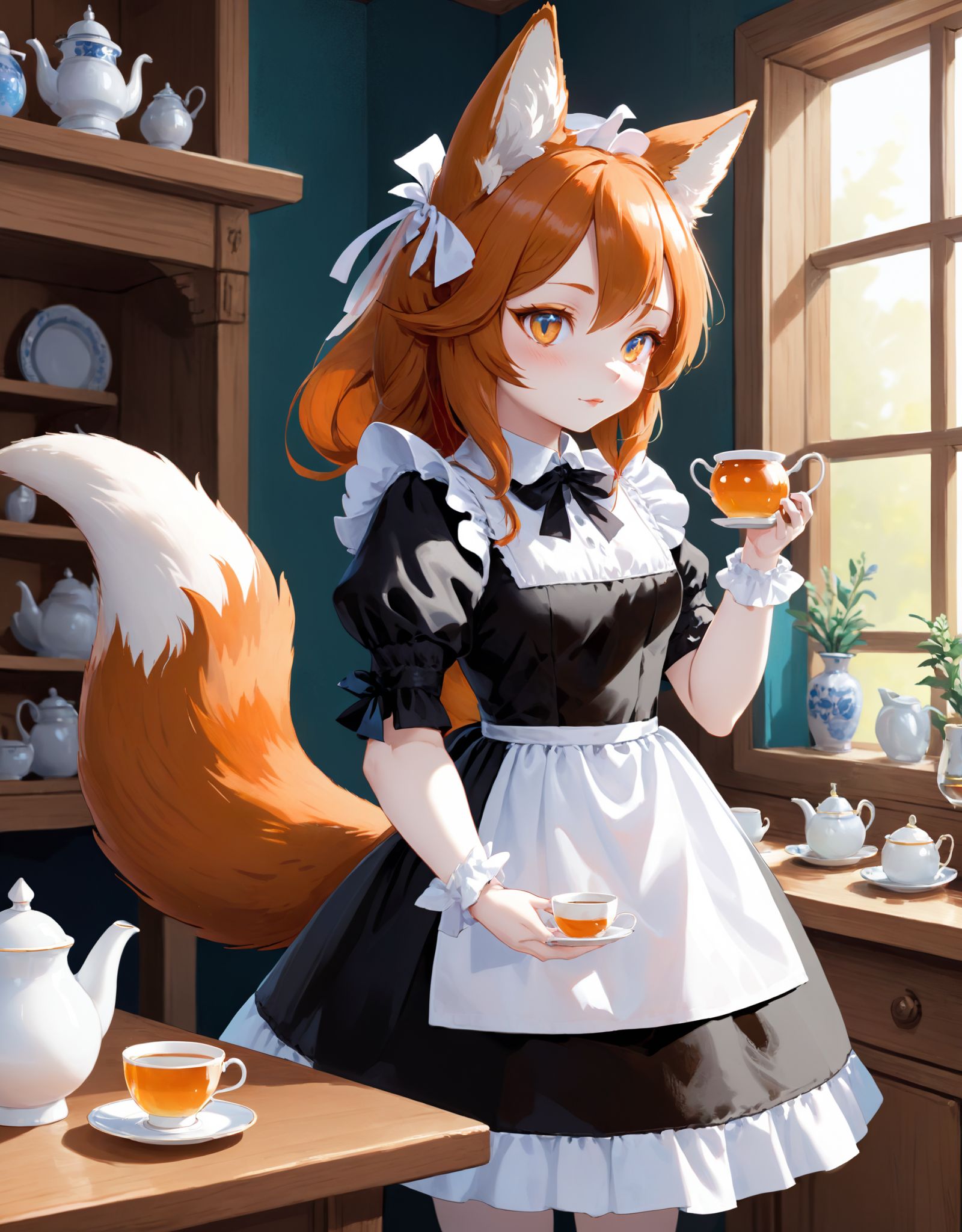 An illustration of a fox maid who has been transformed into a puppet. The fox maid's fluffy tail is now made of delicate,...