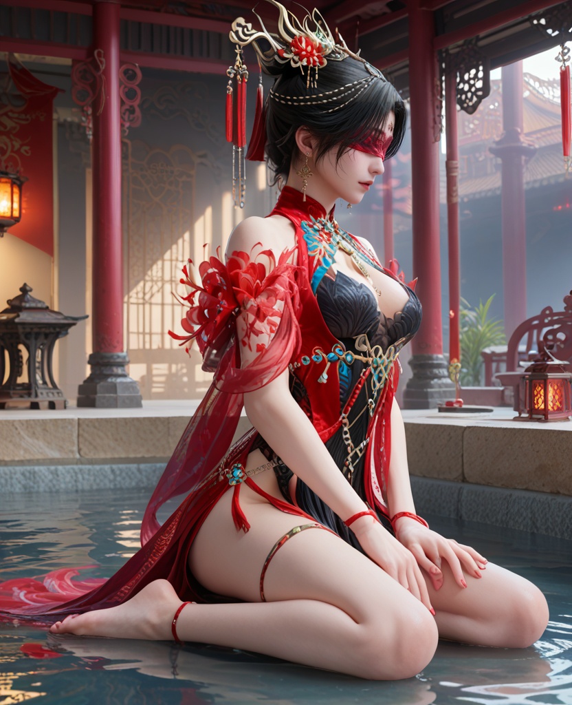 (oriental architecture, elegant decor, sophisticated style:1.1),(Sitting on the edge of a pool, dipping toes in the water:1.1),sobbing,(breasts:1.2),<lora:XL16永劫无间宁红叶赤皓新囍红:0.95>,miss ninghongye,red and black tiered dress,blindfold,black hair,traditional chinese updo,hair ornament,jewelry,earrings,, score_9,score_8_up,score_7_up,score_6_up,score_5_up,score_4_up,3d rendering,tag1,tag2, Cinematic Lighting,backlighting,