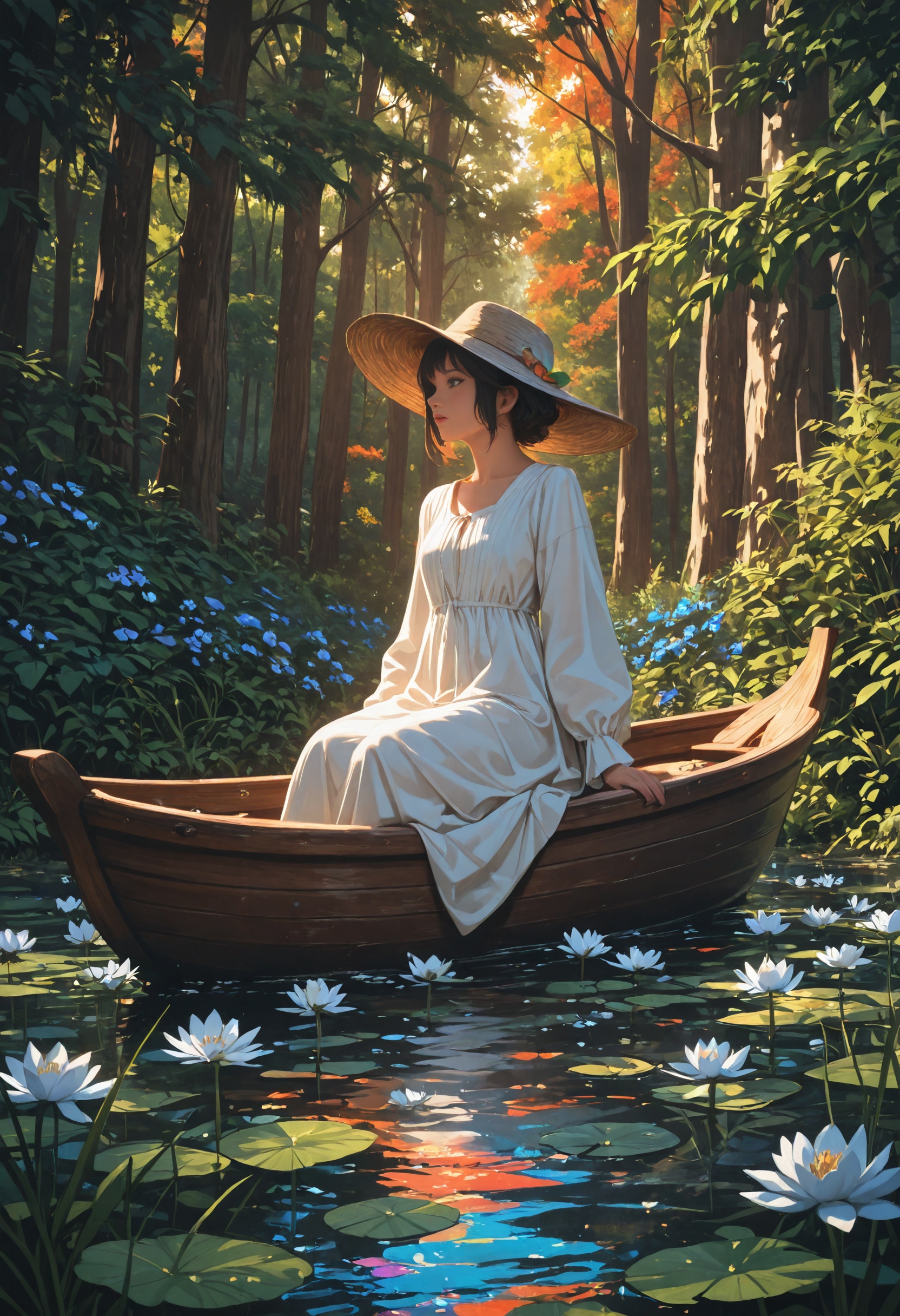 Create a photorealistic image of a brown canoe on a waterlily lake,  a woman from behind wearing astraw hat and a long whi...