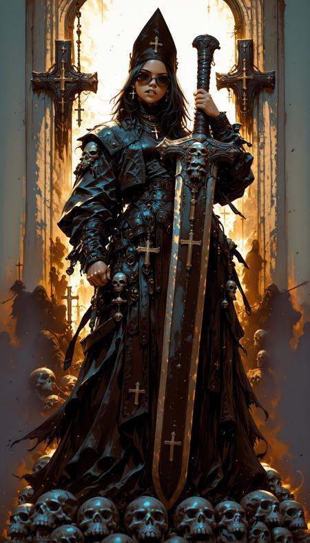 hkstyle,,    holding weapon, fighting stance, holding  buster sword,huge weapon,,  fantasy anime style, anime artwork, official art, highly detailed, vibrant colors, magical atmosphere, digital painting, ethereal glow, soft shadows, cinematic lighting masterpiece, best quality, high quality, ultra-detailed, realistic,  traditional media, western comics \(style\) ,limited palette, partially colored, vivid_color, high contrast, speed lines, sound effects, move_effects, action Create a detailed digital artwork portraying a stern-looking figure with a skull-like visage, set against a moody, atmospheric background. The figure is adorned with a wide-brimmed black hat, which features a smaller skull resting atop. The attire consists of a black leather jacket with silver rivets and a cross pendant. The color palette is dominated by dark, muted tones, with the skull being the most striking feature, appearing white with black detailing. The overall style leans towards dark fantasy or gothic themes, with a focus on creating a sense of foreboding and mystery. The scene is captured from a frontview angle, focusing on the full body of the figure. solo, long_hair, black_hair, 1boy, hat, jewelry, jacket, upper_body, male_focus, teeth, necklace, black_jacket, black_headwear, sunglasses, portrait, cross, skull, hkstyle,,    holding weapon, fighting stance, holding  buster sword,huge weapon,,  fantasy anime style, anime artwork, official art, highly detailed, vibrant colors, magical atmosphere, digital painting, ethereal glow, soft shadows, cinematic lighting