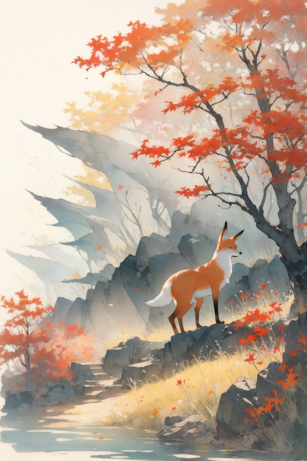 gfzhidanya background,Exquisite work,masterpiece,master composition,ink wash,wind blowing,morning mist,a fox,Maple Tree,