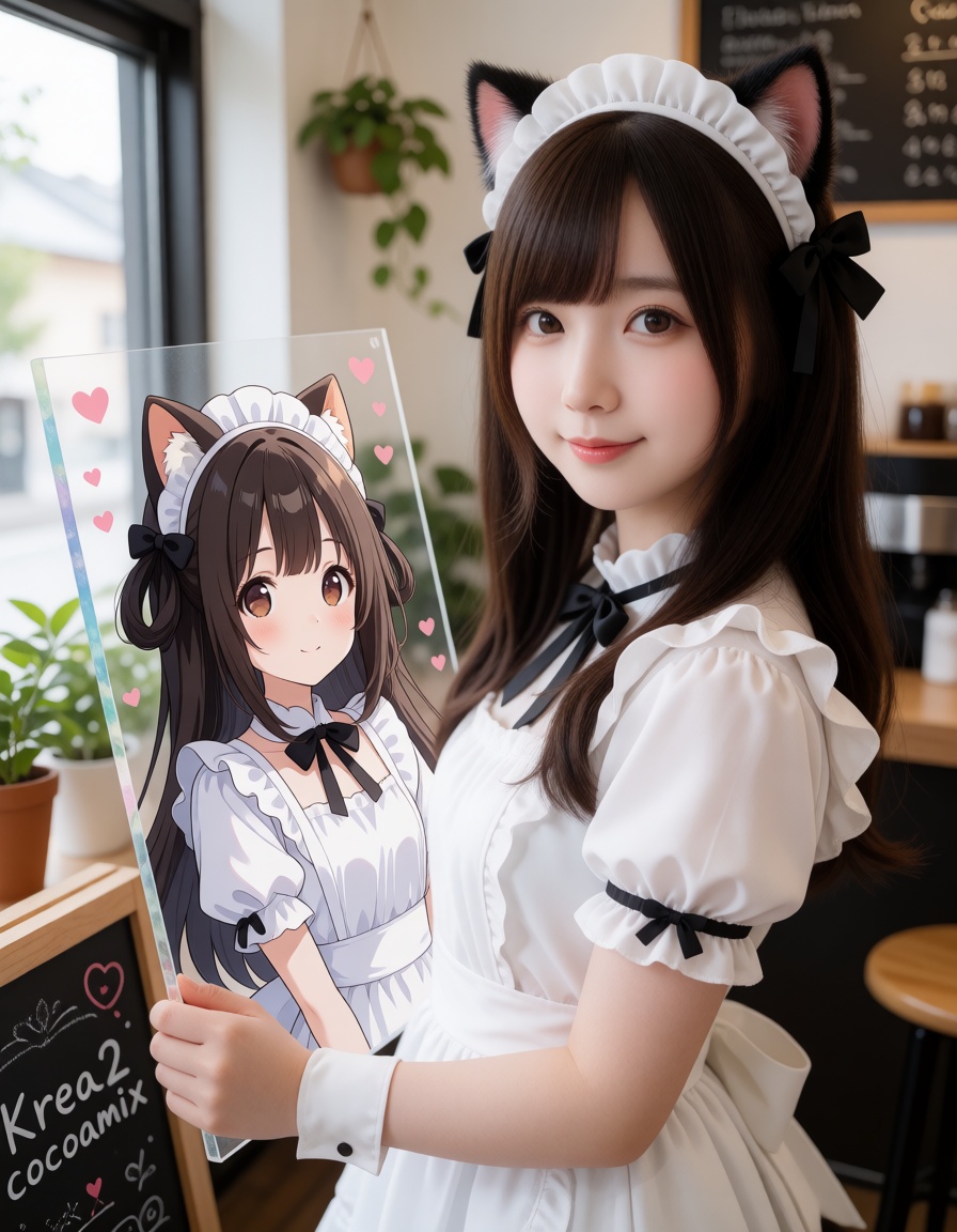 amazing realistic image,  realistic clothes.A clear and beautiful realistic of a realistic woman holding an anime panel.Th...