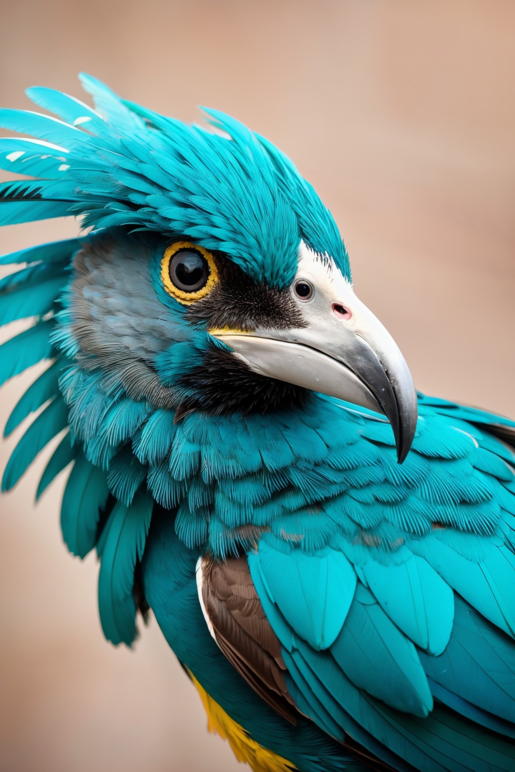 Animal Photography,a vibrant and detailed close-up of a bird. the bird has a turquoise-blue plumage,a sharp and elongated beak,and its eyes are keenly focused. the intricate feather patterns on its chest and wings are evident,displaying a mix of turquoise,white,and brown shades. the background is a solid black,emphasizing the bird's features,, masterpiece,best quality,