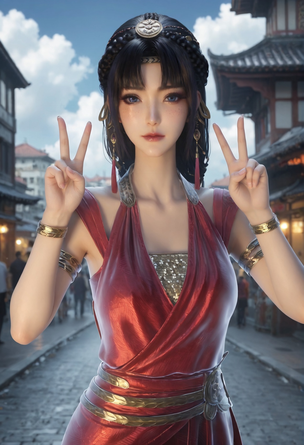 (score_9),<lora:研丽-Apony:0.85>,yanli,(mature_female:1.1),solo,black hair,braid,hair tassel,hair ornament,freckles,bangs,sleeveless dress,armlet,belt,bracelet,<lora:perfect eyes_v1:0.8>,front view,looking at viewer,blue eyes,<lora:Expressive_H-000001:0.8>,(double v),(glamor:1.2),collarbone,pointy breasts,puffy breasts,large breasts,curvy,outdoors,street,blue sky,blur background,building,city,cloud,cloudy sky,day,depth of field,<lora:e肤色滑块:0.5>,<lora:e色温:-0.35>,