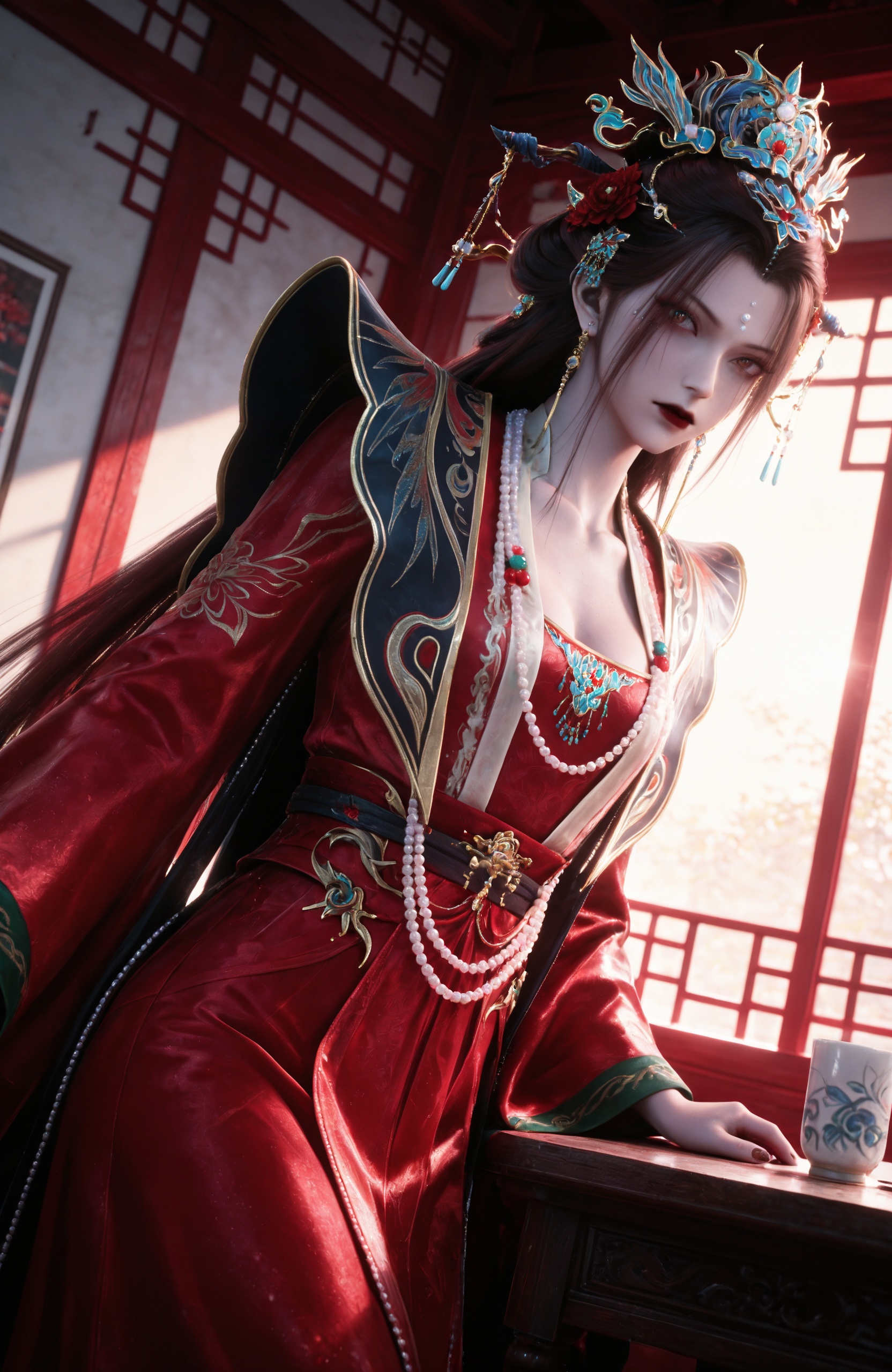 <lora:剑来-楚夫人IL:0.7> 1girl, long hair, hair ornament, brown eyes, beads, red lips, jewelry, necklace, earrings, brown hair, chinese clothes, red dress, long sleeves,red footwear,, realistic style photo,outstanding style,Use soft lighting to cast gentle shadows on the subject,adding a touch of dimension to your images without compromising details,whirls of vapor,(Anime:1.1),soft neon light,ethereal ambiance,delicate details,magical atmosphere,concept art,highly detailed,ultra-high resolution,32K UHD,sharp focus,best-quality,masterpiece,golden hour,unconventional supreme masterpiece,masterful details,temperate atmosphere,with a high-end texture,in the style of fashion photography,magazine style,Dynamic Angle,Dynamic posture,magazine style,Dynamic Angle,Dynamic posture,(cowboy_shot:1.2),eye trail,depth of field,cinematic lighting,lens flare,close-up,extreme aesthetic,(wlop:0.6),(honjou raita,lack,rella,wanke:0.5),masterpiece,best quality,good quality,newest,year 2025,very aesthetic,absurdres,Visual impact,A shot with tension,ultra-high resolution,32K UHD,sharp focus,best-quality,masterpiece,Emotionalization,unconventional supreme masterpiece,masterful details,temperate atmosphere,with a high-end texture,in the style of fashion photography,(Visual impact:1.2),giving the poster a dynamic and visually striking appearance,, 1girl,solo,sitting,window,frills,indoors,closed_mouth,looking at viewer,chinese architecture,lantern,Tables,stool,bedroom,cup,bed,upper body,