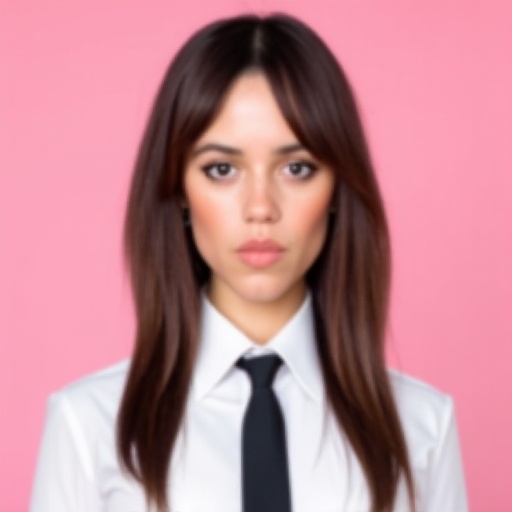 A portrait photo of a woman with long straight hair looking directly at the camera with a neutral expression,  wearing a w...