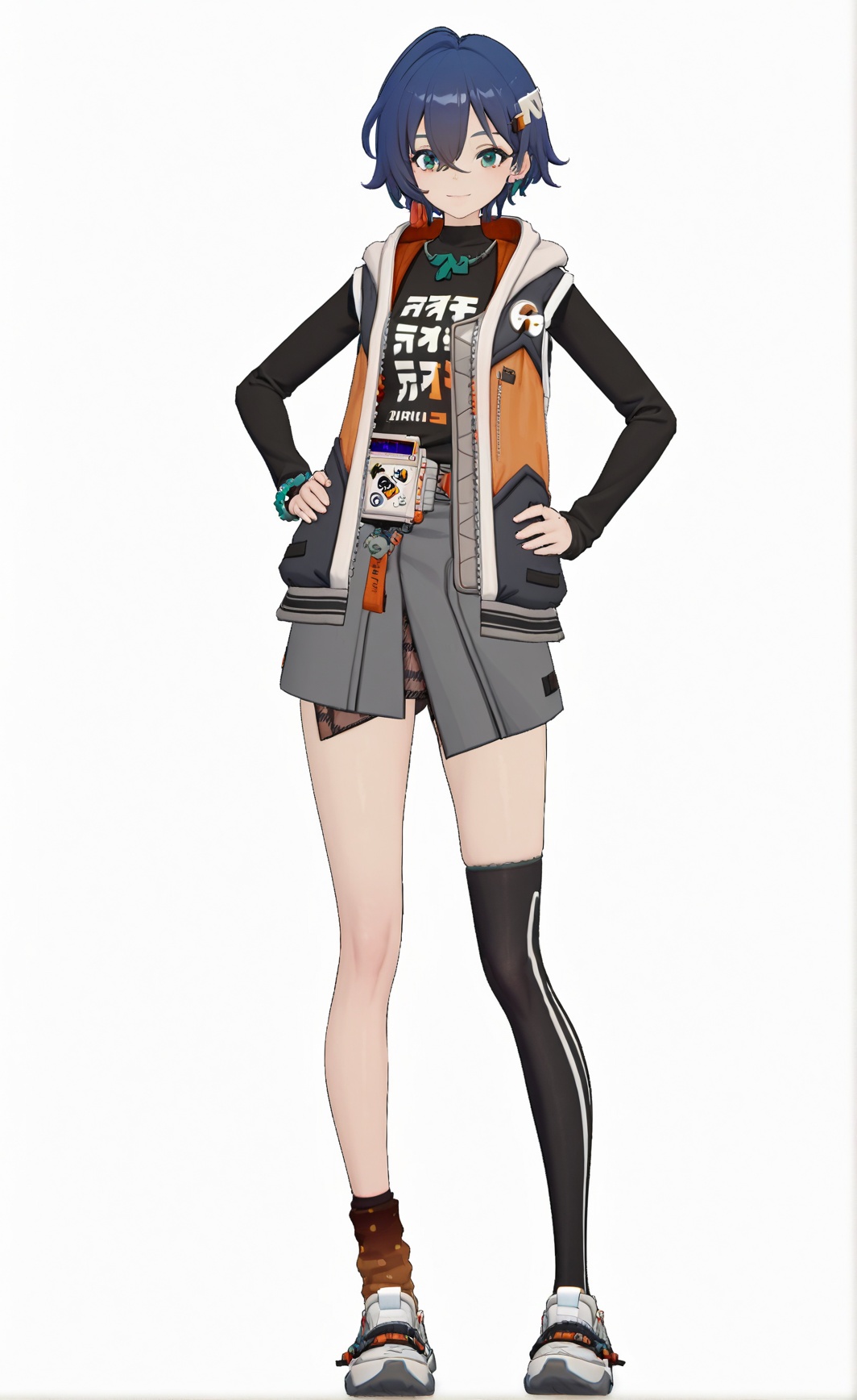 8k, best quality, masterpiece, (ultra-detailed), (high detailed skin), (white background), (full body:1.2), (white background), standing, looking at viewer, (solo:1.2), hands on  hip, <lora:zzzstyle-A3-Tanger-000014:0.8>, lin, lin's def clothes, zzz style, 1girl, grey skirt, blue hair, single thighhigh, socks, short hair, asymmetrical legwear, 