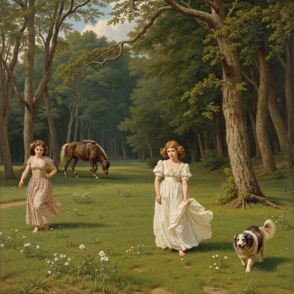 painting of three girls in a forest with a dog,william blake art exhibit,delacroix,Thomas Stothard,girl jumping in a flower field,an american romanticism painting,turner whimsical,swirling scene in forest,Robert Walker Macbeth,Eugene Delacroix,William McTaggart,girl dancing in a flower field,neo rococo expressionist,1 8 3 0 s style painting,painting of wild hunt in the sky,painting of white human figures,3 nymphs circling a fountain,re-raphaelite fairies,william blake and repin,romantic era painting,protagonist in foreground,et in arcadia ego,angel falling to andromeda,1 9 th century scene,impressionism and expressionism,Blanche Hoschedé Monet,in this painting,feral scene,girl running,energetic composition,transformation scene,young women,John Bellany,