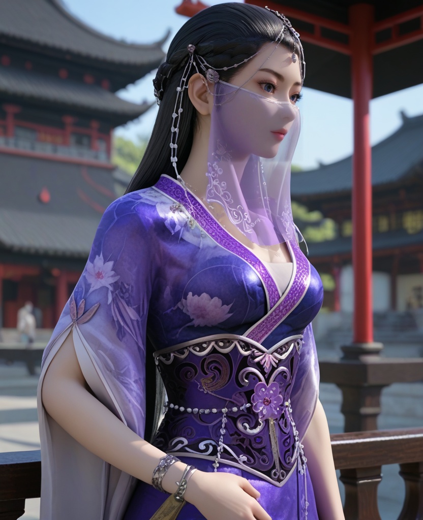 (oriental architecture, elegant decor, sophisticated style:1.1),(Leaning on a railing,:1.1),(breasts:1.2),<lora:XL16墓王之王沐雪离第一版:0.95>,miss muxueli,blue violet gown with floral print,blue eyes,see-through veil,black hair,half-up crown braid with long cascading hair,head chain,sash,bracelet,, score_9,score_8_up,score_7_up,score_6_up,score_5_up,score_4_up,3d rendering,tag1,tag2, Cinematic Lighting,backlighting,