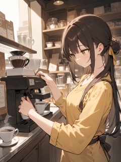 A clerk with yellow shirt in a coffee shop is making coffee