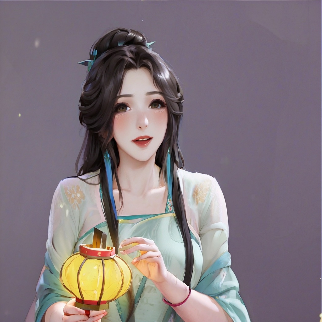 gufengsSolo, 1Girl, holding, standing, long hair, (China_dress: 1.2), (green eyes: 1.1), colored candy, black hair, looking at the audience, upper body, (lantern/lamp: 1.1), flowers, Spring Festival, New Year, (fireworks: 1.1), long sleeves, Oriental dragon, white background, red shoes, hair accessories, blue theme, Chinese architectural backgroundtyle,<lora:gufengstyleSDXL-000016:1>