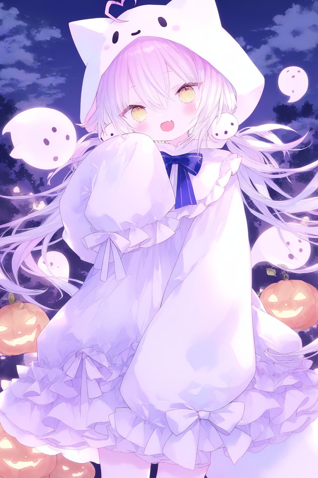 1girl, heart ahoge, dress, long hair, fang, ghost, sleeves past wrists, hood, yellow eyes, twintails, looking at viewer, sleeves past fingers, solo, white dress, low twintails, blue bow, ghost costume, frilled dress, frills, bow, ahoge, open mouth, night, skin fang, white hair, blush, long sleeves, pink hair, outdoors, very long hair, smile, blue bowtie, hair between eyes, sky, animal hood, night sky