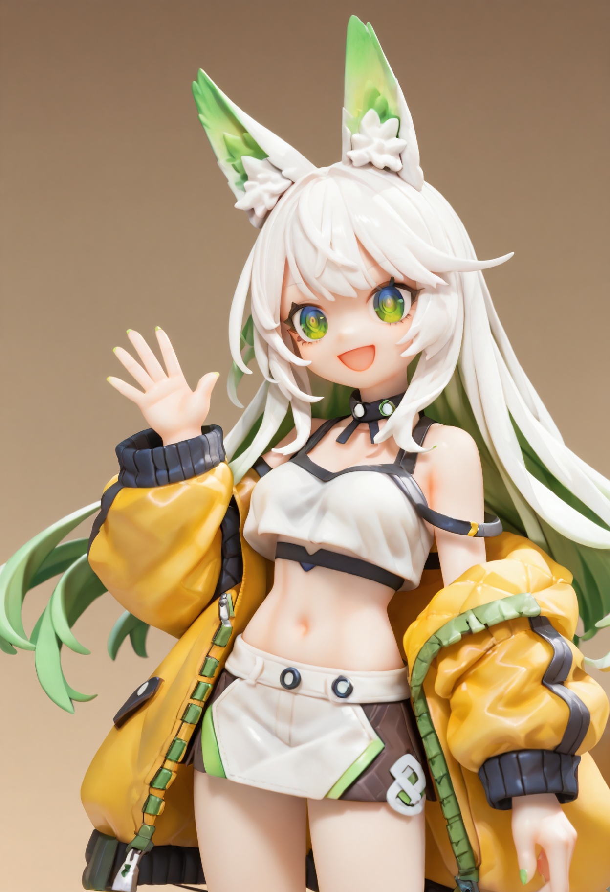 (score_9,score_8_up,score_7_up),source_anime, 1girl, solo, green eyes, smile, :d, long hair, white hair, animal ears, animal ear fluff, eyebrows visible through hair, medium breasts, navel, bare shoulders, yellow jacket, off shoulder, crop top, midriff, yellow skirt, hand up, waving, cropped legs, simple background, blue background, <lora:lvziXL-000005:0.8>