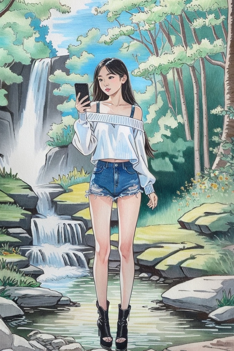 ((HRD, HUD, 8K)),((masterpiece, best quality)), highly detailed, soft light,ColoredLead, 1girl, solo, off-shoulder sweater, denim shorts, high heels, phone, cellphone, long hair, holding phone, smartphone, holding, standing, full body, chinese text, traditional media, fine art parody, parody, Landscape, river and waterfall,  <lora:画风-彩铅-ColoredLead_v1.0:0.8>