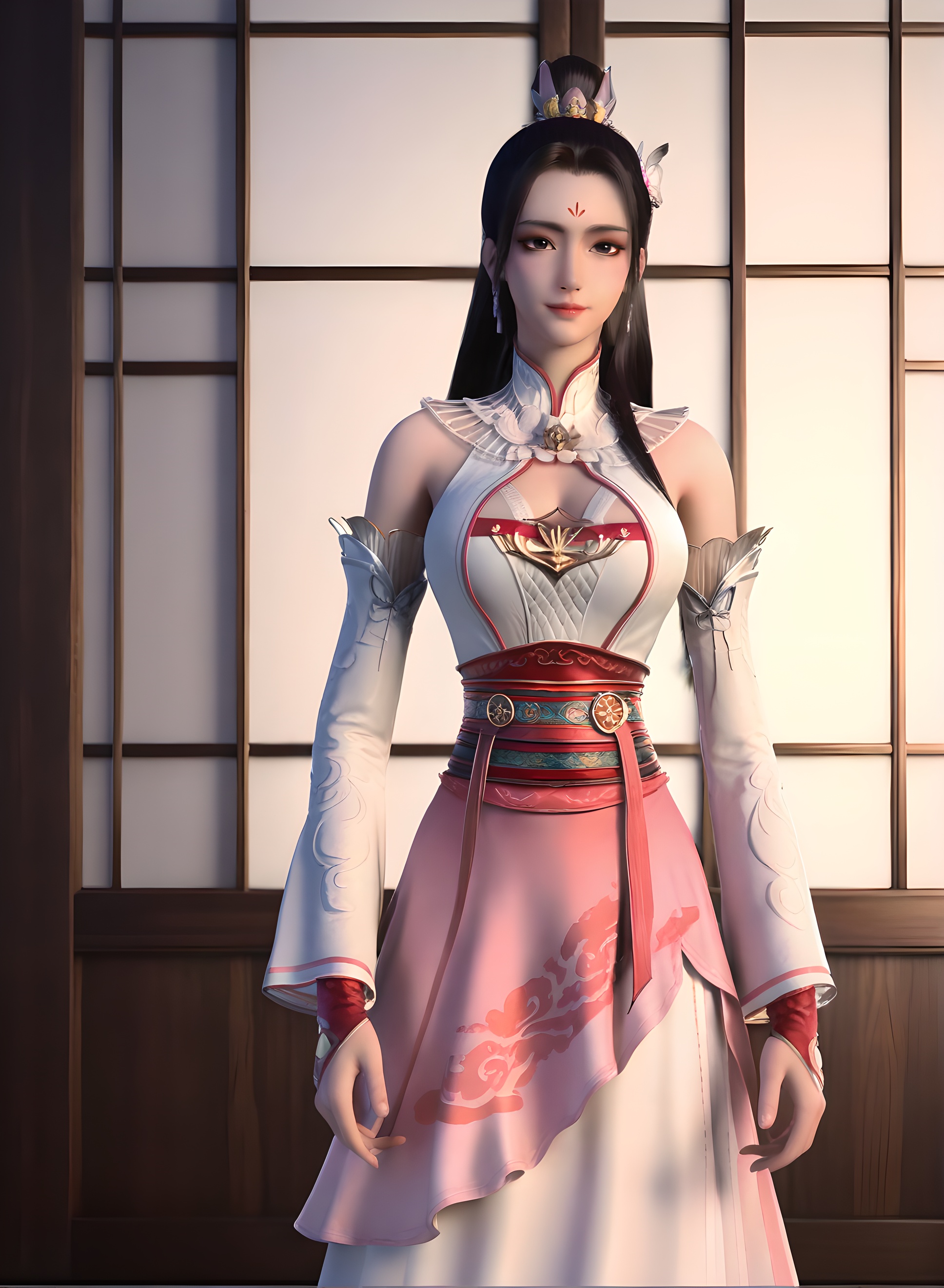 fair_skin,white_skin,Ivory_skin,score_9,<lora:SF_BaiHeiHuai_Pony_Realism-000003:0.7>,hair ornament,dress,black hair,1girl,breasts,large breasts,standing,long sleeves,detached sleeves,facial mark,forehead mark,pink skirt,solo,looking at viewer,simple background,