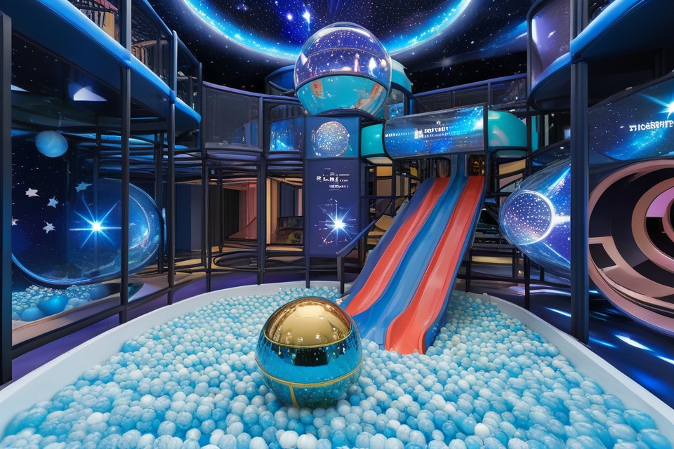 (8k, RAW photo, best quality, masterpiece:1.2),(realistic, photo-realistic:1.37),ultra-detailed,professional lighting,photon mapping,radiosity,physically-based rendering,<lora:淘气堡(2):1>,an indoor playground,Sci-fi futuristic styleSlide:The slide is designed to resemble a streamlined spaceship, using silver and blue metallic materials.LED light strips are embedded in the inner wall of the slide. The lights will flicker and change when sliding, creating a feeling of traveling through the stars.Ball Pool:The balls in the ball pool are designed as glowing planet models, in different colors and sizes, with tiny star patterns on the surface.There is a transparent acrylic plate at the bottom of the ball pool, and there is a starry sky projection under the plate, making you feel like you are in the universe.Framework:The frame is made of metal and transparent glass, and an interactive touch screen is installed on the frame to display cosmic knowledge and space exploration content.There is a suspended planet model inside the frame, and LED light strips are installed along the edge of the frame, creating a technological atmosphere.Decoration:The walls and ceilings are decorated with a starry sky background, using fluorescent paint to depict galaxies and nebulae.There are hanging planet models and starships, and some of the decorations can be interactive, such as making sounds or lighting effects.