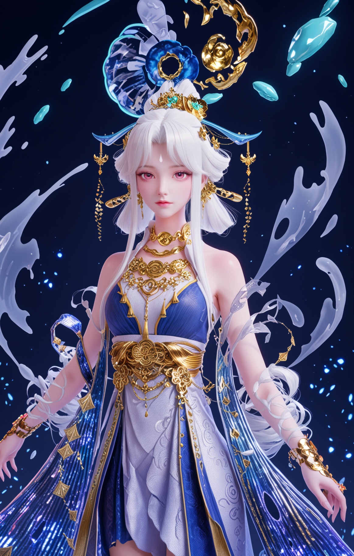 score_9,high detail,best quality,cinematic lighting,volumetric lighting,shiny skin,shiny,changelxz,1girl,solo,pink eyes,forehead mark,hair ornament,jewelry,necklace,white hair,long hair,dress,bare shoulders,hair stick,floating object,closed mouth,bracelet,shawl,looking at viewer,<lora:QQSponychangelxzV1:0.8>,<lora:Pony_DetailV2.0:0.8>,<lora:皮肤凹痕:0.1>,