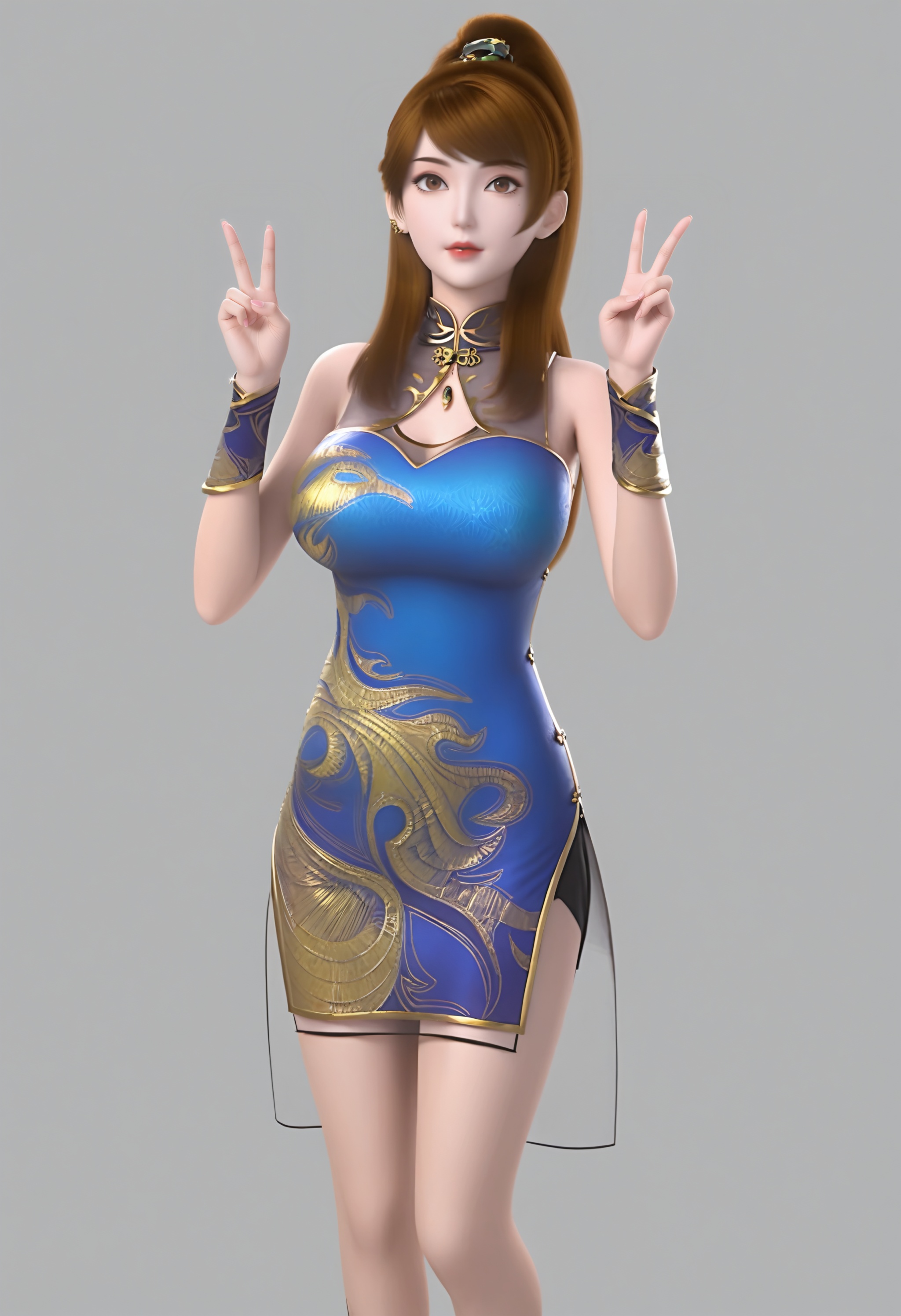 (score_9),double v,full body,<lora:肖凝儿-Apony-000008:0.85>,xiaoninger,solo,1girl,brown hair,long hair,ponytail,brown eyes,hair rings,jewelry,ear piercing,mole under eye,lipstick,cocked eyebrow,china dress,high collar,bracer,side slit,platform heels,see-through silhouette,see-through cleavage,high heels,chest jewel,<lora:perfect-eyes:0.8>,light blush,body blush,looking at viewer,front view,skinny,mature,glamor,collarbone,puffy breasts,pointy_breasts,large breasts,simple background,white background,<lora:e色温:0.5>,<lora:e肤色滑块:0.5>,