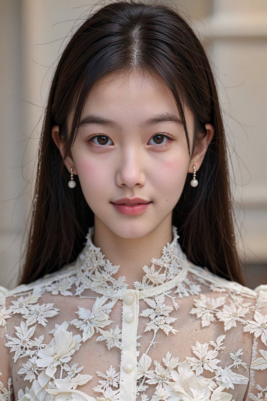 A photograph of a young Asian woman with fair skin and long,  straight black hair. She has delicate features,  wearing a w...
