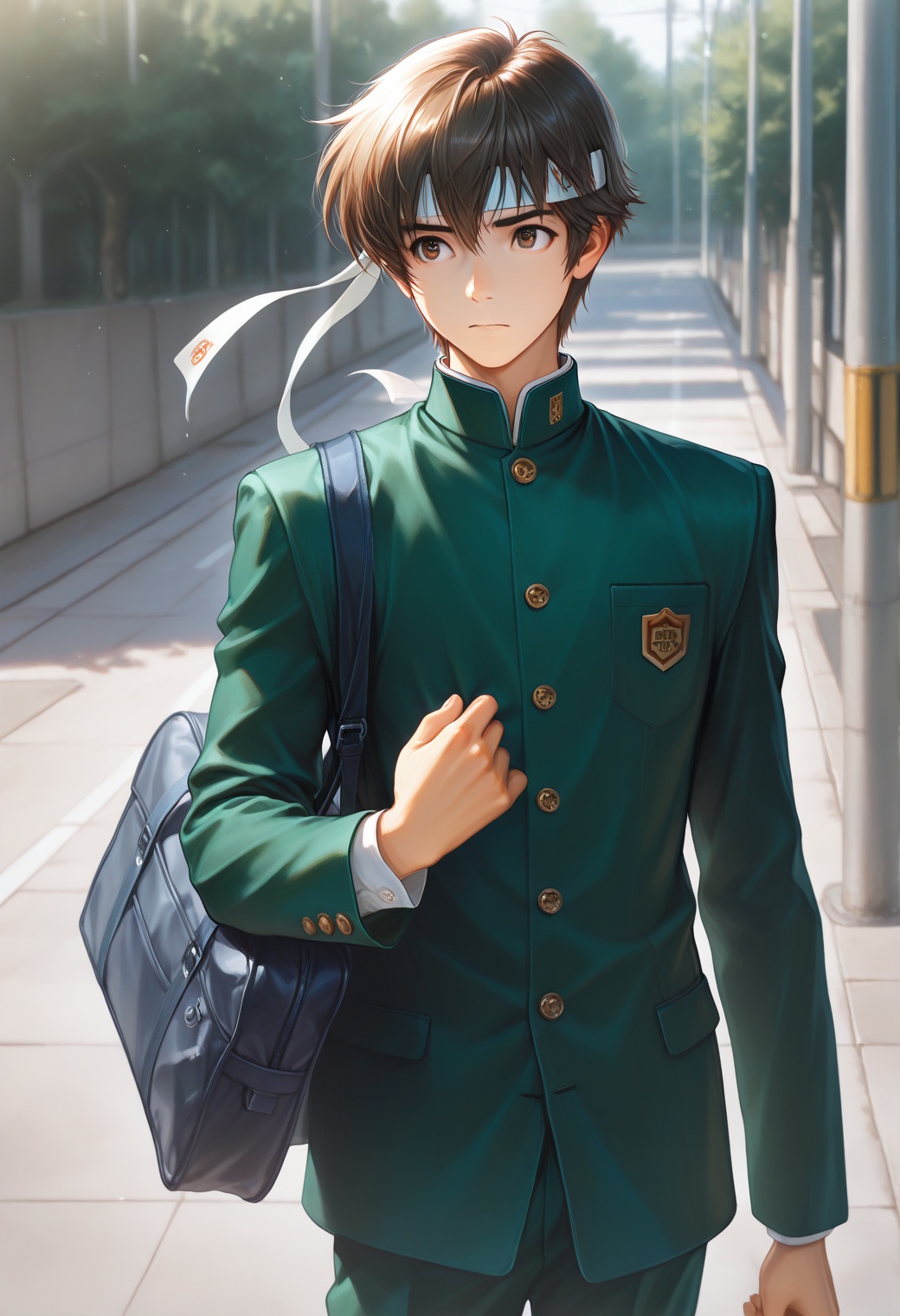 masterpiece,best quality,mamoru,1boy,male focus,solo,brown eyes,brown hair,short hair,headband,raimon,school uniform,gakuran,jacket,green jacket,buttons,long sleeves,buttons,pants,green pants,bag,school bag,outdoor,