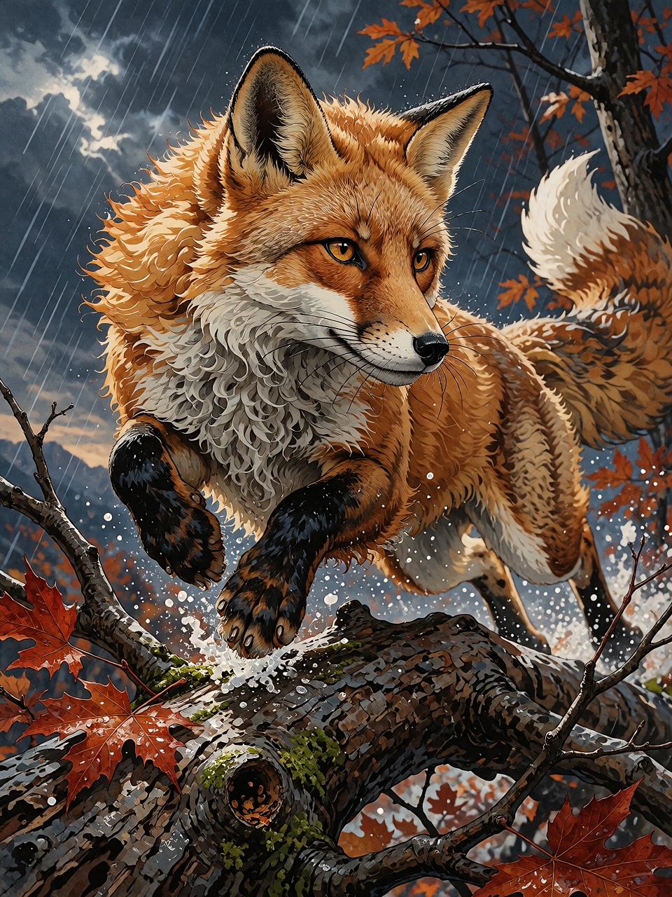 A magnificent red fox leaping over a fallen tree during a dramatic autumn storm,  powerful expressive movement,  exception...