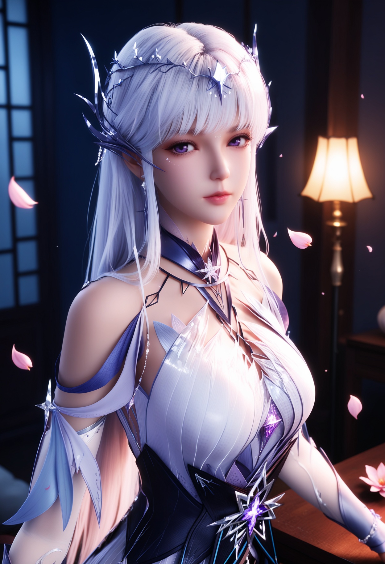 masterpiece,best quality,amazing quality,high resolution,ultra-detailed,absurdres,high res,8K,(looking at viewer:1.1),upper body,(Dark room:1.3),(moody lighting:1.1),peach blossom,falling petals,(large breasts:0.8),shengcaiersj,1girl,solo,long hair,hair ornament,dress,white hair,bare shoulders,purple eyes,white dress,jewelry,realistic,earrings,detached sleeves,high_heels BREAK photorealistic details,<lora:QQSillshengcaiersjV1:0.8>,