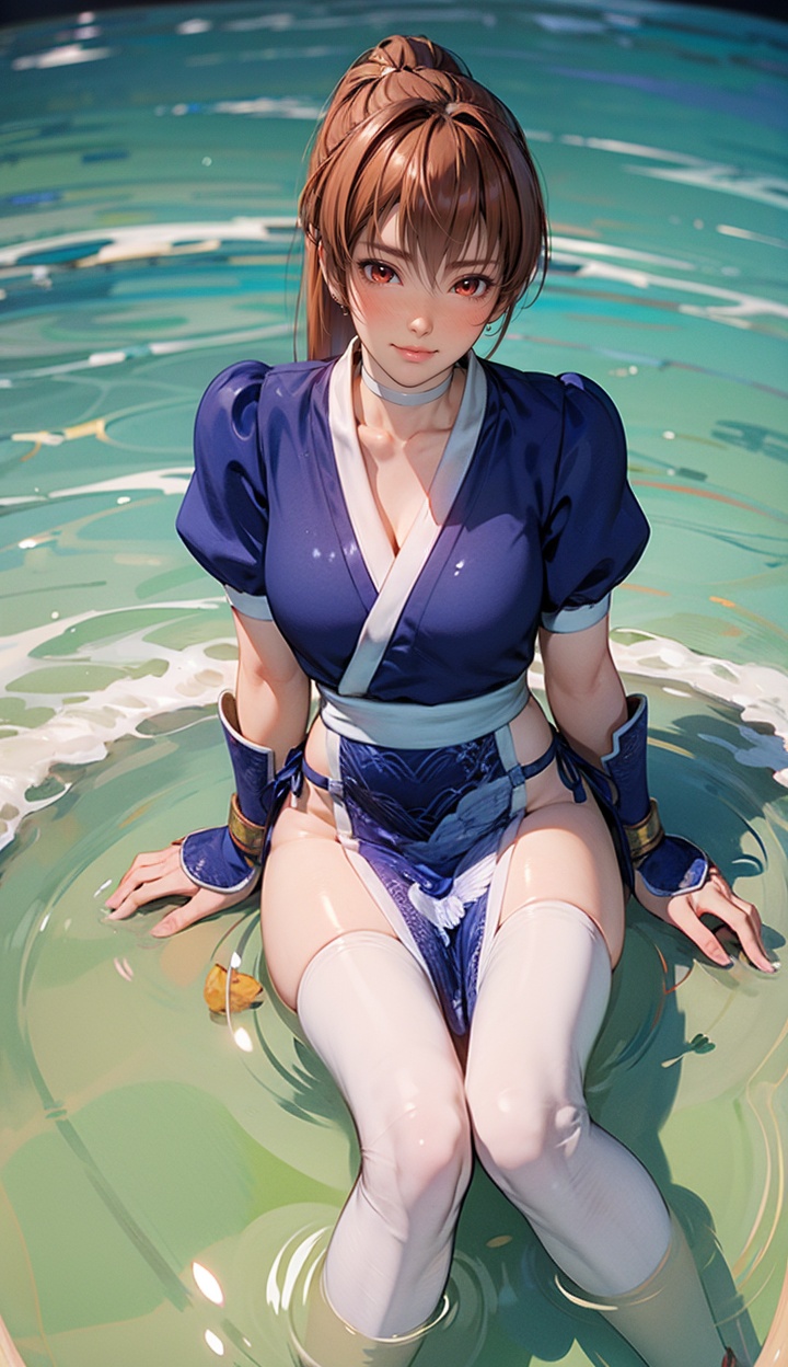 kasumi,1girl,solo,medium breasts,closed mouth,Best quality,masterpiece,ultra high res,high quality,8k,wallpaper,fine lineart,highly detailed,absurdres,<lora:kasumisuit4r-000005:0.8>,pelvic curtain,arm guards,shin guards,<lora:add_detail:0.3>,,(water:1.1),(wading:1.1),from above,(sitting:1.1),looking at viewer,(blush:1.2),,