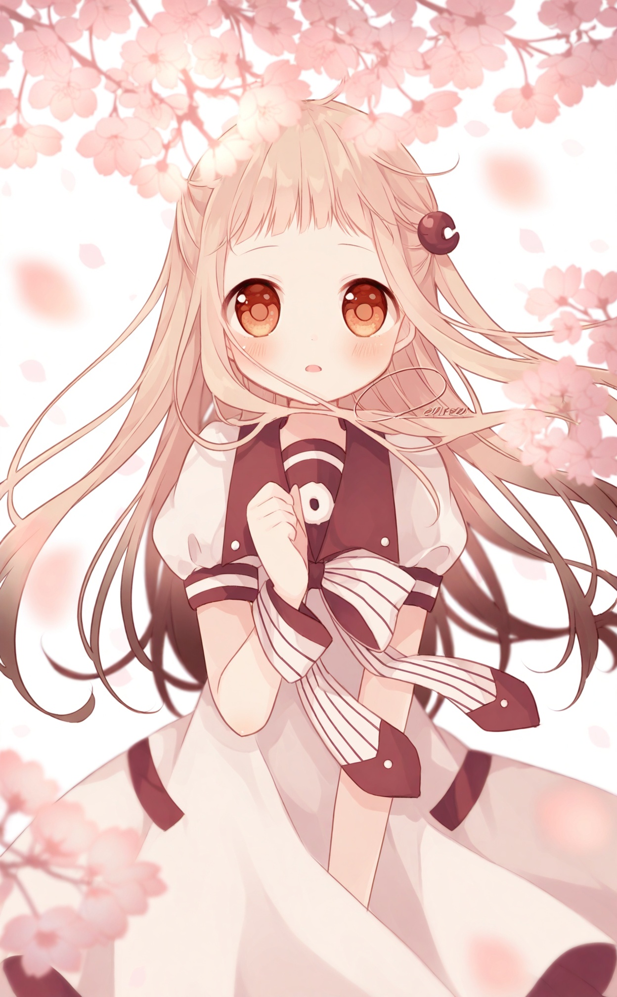 best, 1girl, short bangs, solo, long hair, cherry blossoms, dress, hair ornament, looking at viewer, short sleeves, sailor collar, light brown hair, artist name, flower, bow, blonde hair, brown eyes, white dress, open mouth, petals, blush, blurry, signature, school uniform, ribbon, puffy sleeves, parted lips, puffy short sleeves, white background, hand up, blurry foreground, sailor dress, red eyes, orange eyes, forehead, wind, depth of field, white bow, wrist cuffs, cowboy shot, simple background, branch, very long hair, clenched hand, floating hair, upper body, pink flower, standing, striped bow, brown hair, blunt bangs, between legs, hair bobbles, falling petals, sleeve cuffs, hand between legs, brown sailor collar, white ribbon, hair flower, watermark, child, gradient hair, blurry background, wrist ribbon, magatama, tareme <lora:lp42.e-000046:0.8>
