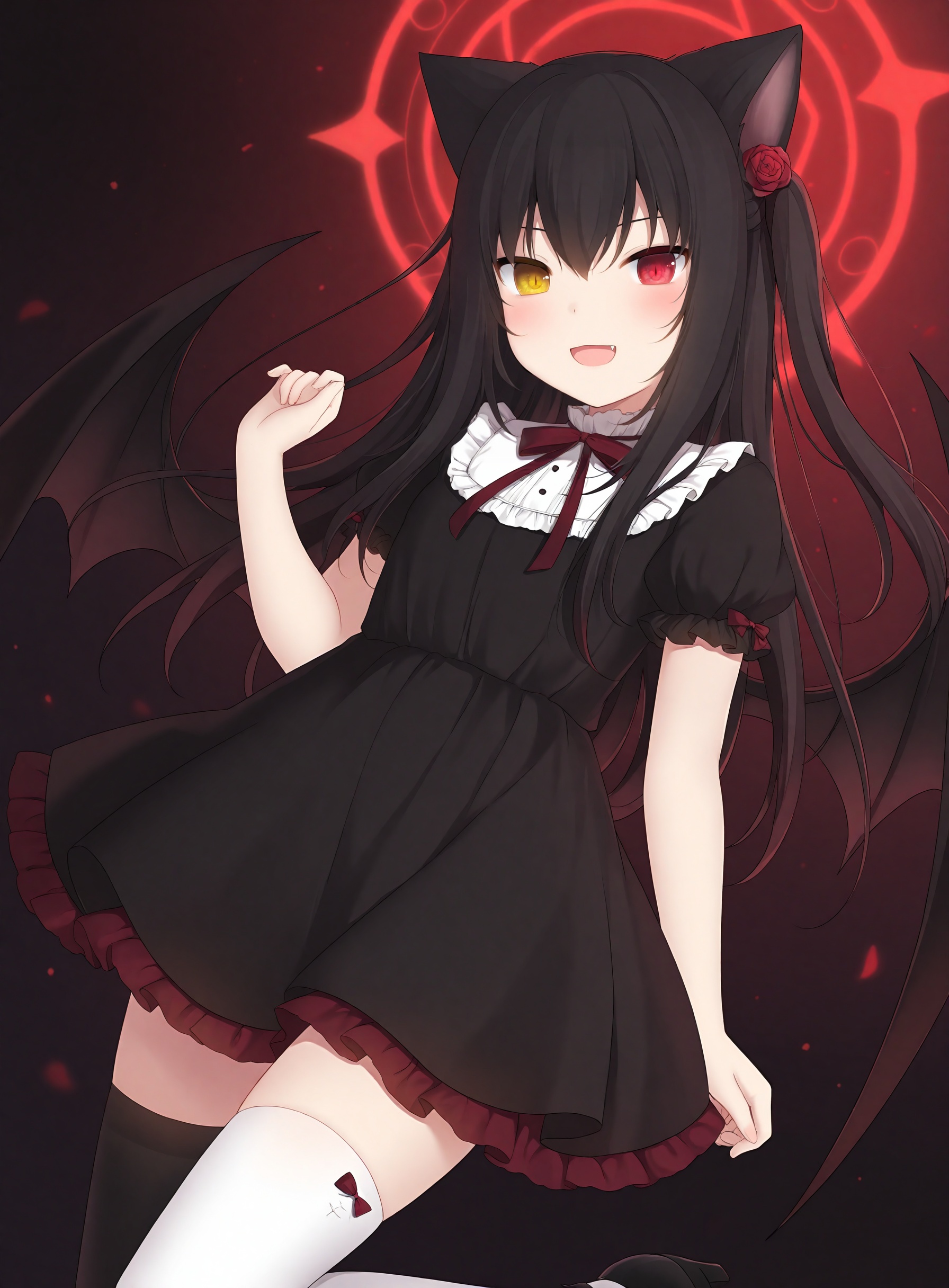 slit_pupils,amashiro_natsuki, CHARACTERS-Matsuri, 1girl, solo, dress, animal_ears, thighhighs, black_hair, short_sleeves, red_eyes, long_hair, black_dress, heterochromia, puffy_short_sleeves, puffy_sleeves, yellow_eyes, cat_ears, wings, magic_circle, hand_up, high_heels, standing_on_one_leg, smile, black_footwear, frills, white_thighhighs, blush, mismatched_legwear, asymmetrical_legwear, hair_ornament, looking_at_viewer, rose, hair_between_eyes, hair_flower, flower, red_flower, ribbon, very_long_hair, frilled_dress, red_ribbon, black_thighhighs, fang, open_mouth, parted_lips, standing, red_rose, cat_girl, one_side_up, demon_wings, :d, neck_ribbon, two_side_up, bat_wings,masterpiece, best quality, newest, highres, absurdres, newest,