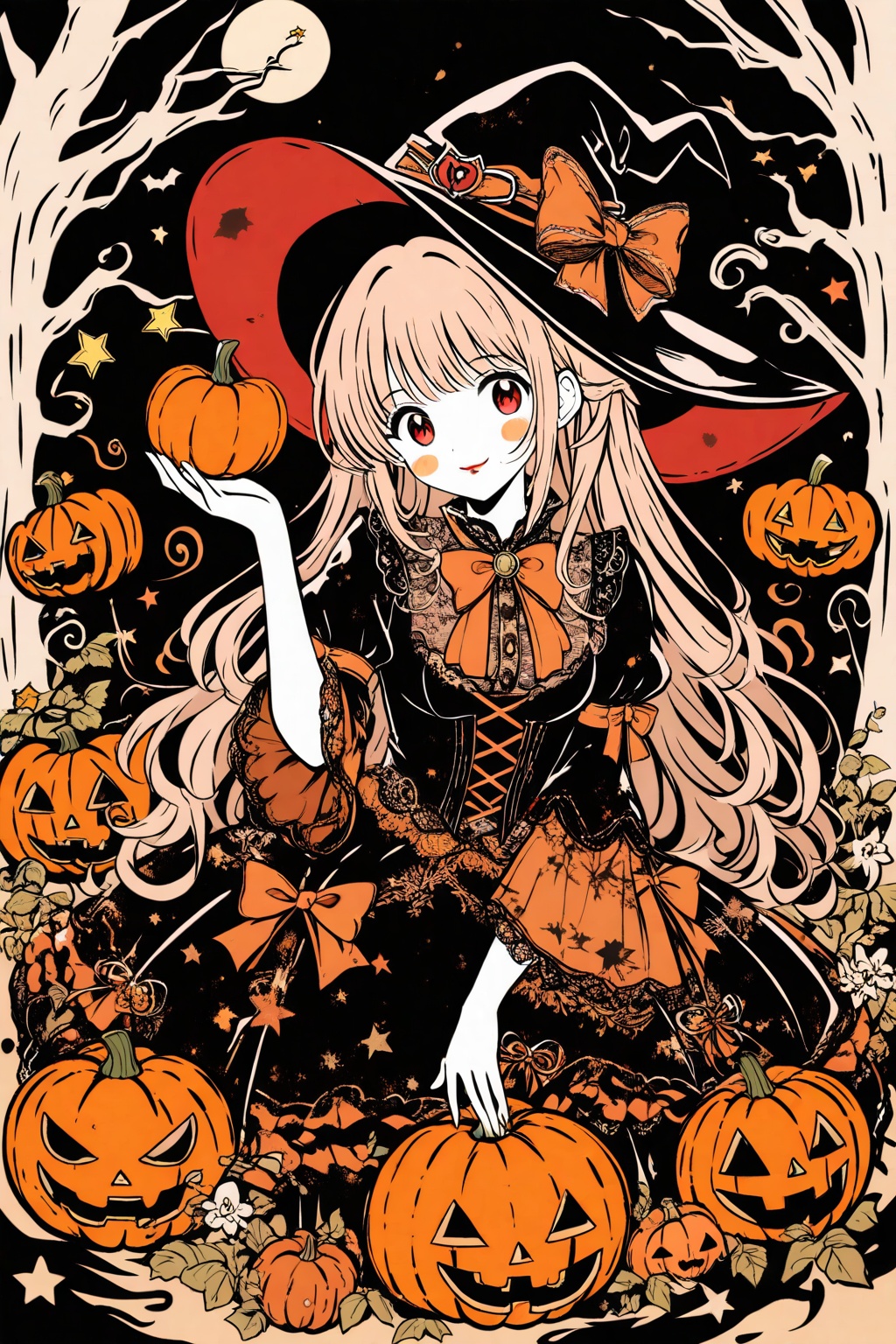line art,line style,as style,best quality,masterpiece, post style,in the night forest,ink painting,The girl is wearing a witch hat with a pair of cat eyes, and one hand carrying a pumpkin lantern,one hand lift dress,cat beside her,in the dark,light and shadow,kawai,dool jiont,lolita dress,Halloween costume, witch hat, lip makeup,umpkin stickers on face, wild laughter,red eyes,fantasy ,