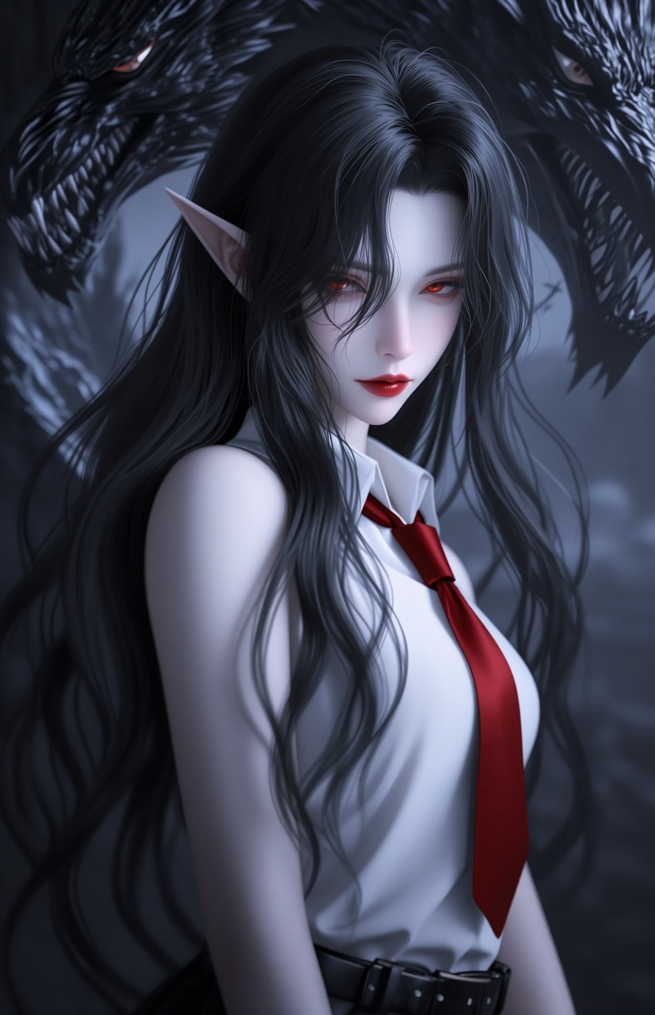 YY Anime style,This is a digital painting in a fantasy style, featuring a young woman with pale, almost white skin, and long, black, slightly wavy hair that falls past her shoulders. She has pointed ears, indicating she might be an elf or a supernatural being. Her eyes are red with a slightly glowing effect, adding a supernatural or otherworldly quality to her appearance. She is wearing a sleeveless white top with a red tie, which contrasts starkly with her dark hair and the dark, ominous background. Her lips are painted a bright red, matching the tie.In the background, there is a large, black, dragon-like creature with sharp teeth and a menacing expression. The creature's form is partially obscured by dark, smoky tendrils that blend into the background, giving a sense of depth and movement. The woman's expression is calm and slightly aloof, with a slight upward tilt to her lips, suggesting confidence or indifference.The overall color palette is dark and moody, dominated by blacks, greys, and reds, which enhance the fantasy and supernatural elements of the image. The textures are smooth and slightly blurred, with the dragon's features and the woman's hair being the sharpest elements in the composition. The lighting is soft, with a cool blue-grey tint that adds to the eerie atmosphere. The style is reminiscent of dark fantasy artwork, with a focus on dramatic contrasts and mystical themes.