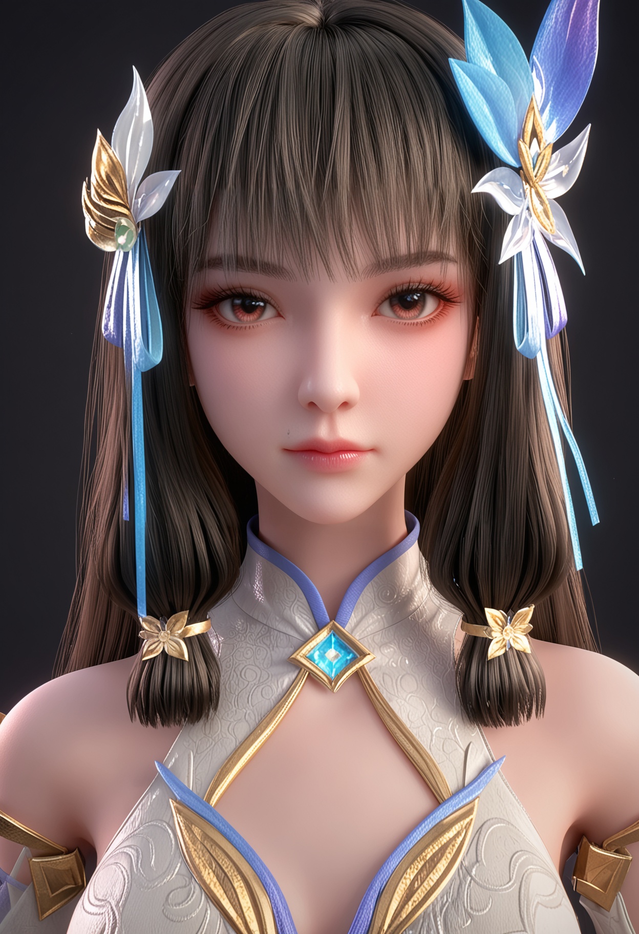 (upper_body:1.2),(looking at viewer:1.1),facing viewer,direct gaze,<lora:YQ_pony_yunluo_shangjiefuzhuang_V4:0.8>,1girl,solo,long hair,black hair,hair ornament,dress,detached sleeves,brown eyes,white dress,chinese clothes,blunt bangs,hair flower,sidelocks,hair ribbon,red eyes,butterfly hair ornament,black eyes,brown hair,jewelry,china dress,gloves,shoes,BREAK (white skin:1.1),(fair skin:1.1),(Ivory skin:1.1),(shiny skin),perfect anatomy,(simple background,pure black background,black background:1.1),