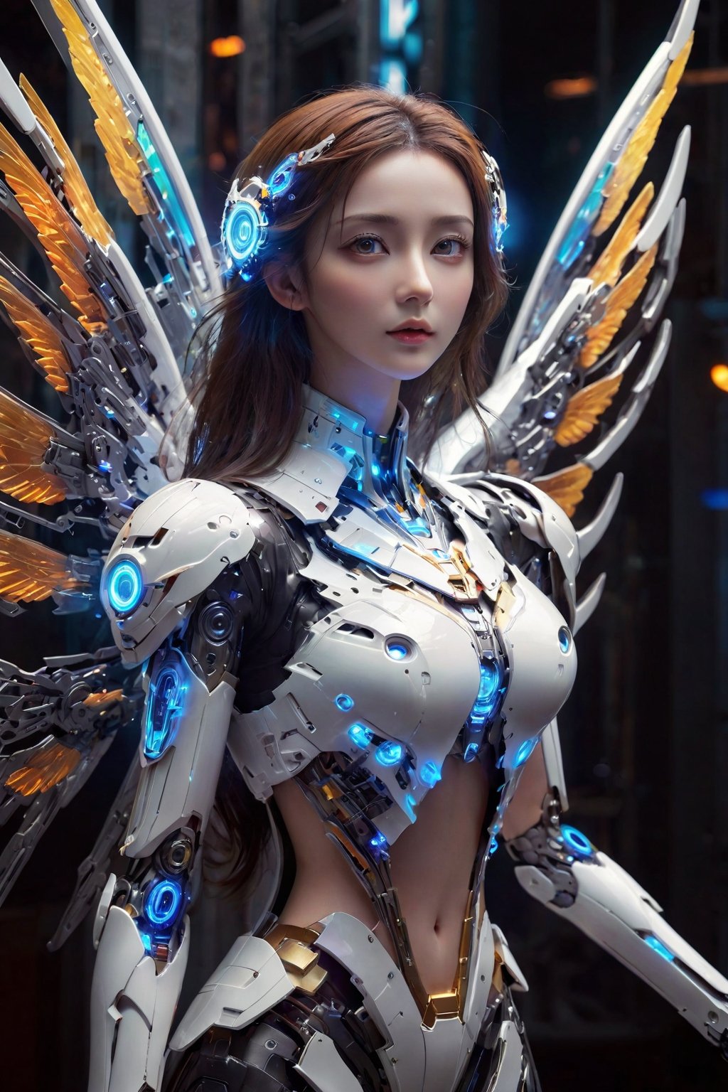 Masterpiece,Ultra high res,Extremely detailed,Realistic,1 girl,Finely detailed beautiful eyes and detailed face,Machinery,Mecha,(Science Fiction),white mecha,luminescence,(dreamy wings:1.5),science fiction mecha wings,Colorful colors,High contrast,High saturation,Realistic,(Dynamic pose:1.2),Perky breasts,White skin,Visual impact,(sexy full body photo:1.2),Cybercity background,Fantasy,Ultra detailed,Detailed face,Movie light,Movie lens,(Movie special effects),<lora:lora:0.8>,