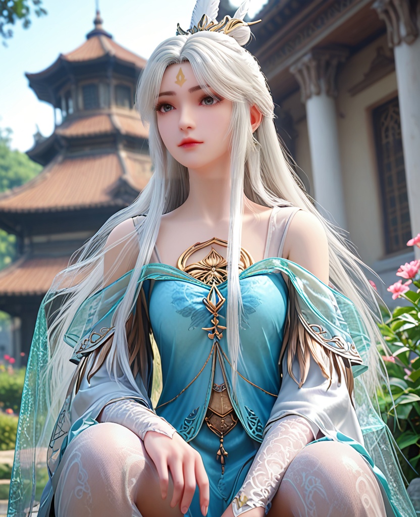 (oriental architecture, elegant decor, sophisticated style:1.1),Crouching on the ground, looking up,,(breasts:1.2),<lora:XL完美世界银凰雪琳:0.9>,miss xuelin,solo,blue topwear,see-through shawl of green,side slit maxiskirt of silver,blue eyes,eyelashes,bangs,forehead mark,white hair,long hair,hair ornament,jewelry,bare shoulders,lips,hanging hair,opera sleeves,, zPDXL2, score_9, score_8_up, score_7_up BREAK realistic, masterpiece,best quality, highly detailed,, zPDXL3, zPDXL2,zPDXL, zPDXLxxx, zPDXLrl,