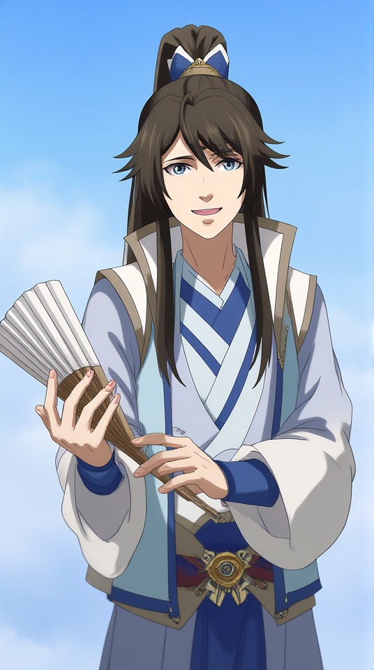 long hair, blue eyes, hand fan, black hair, folding fan, brown hair, ponytail, multiple boys, 1boy, sky, male focus, 2boys, folded fan, smile, wide sleeves,<lora:F1-baixiaochun:0.8>,