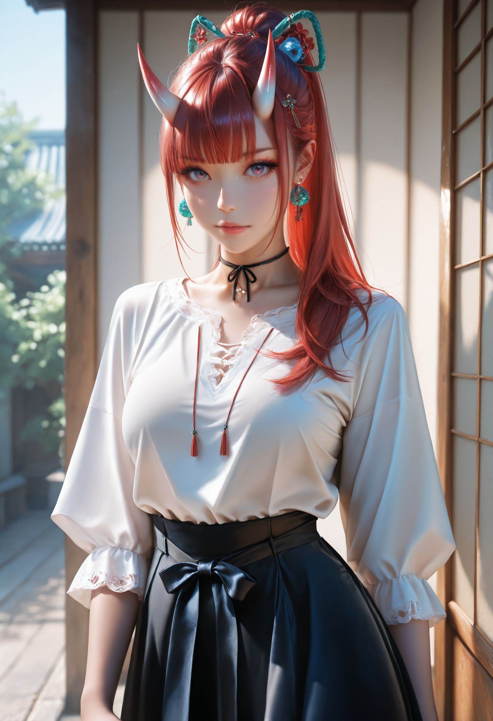 masterpiece,best quality,very aesthetic,intricate detail,sharp focus,absurdres,high resolution,newest,realistic,photorealistic,1girl,solo,long hair,oni horns,ponytail,bangs,eyelashes,shirt,skirt,long sleeves,ribbon,white shirt,short sleeves,black skirt,jewelry,earrings,hair ornament,looking at viewer,