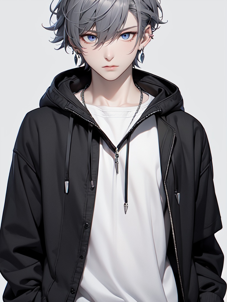 CG,solo,hood,looking at viewer,blue eyes,male focus,jacket,drawstring,earrings,1boy,jewelry,grey background,upper body,mole,hoodie,hood down,open clothes,grey hair,simple background,hair between eyes,realistic,closed mouth,open jacket,zipper,short hair,mole under eye,bangs,lips,