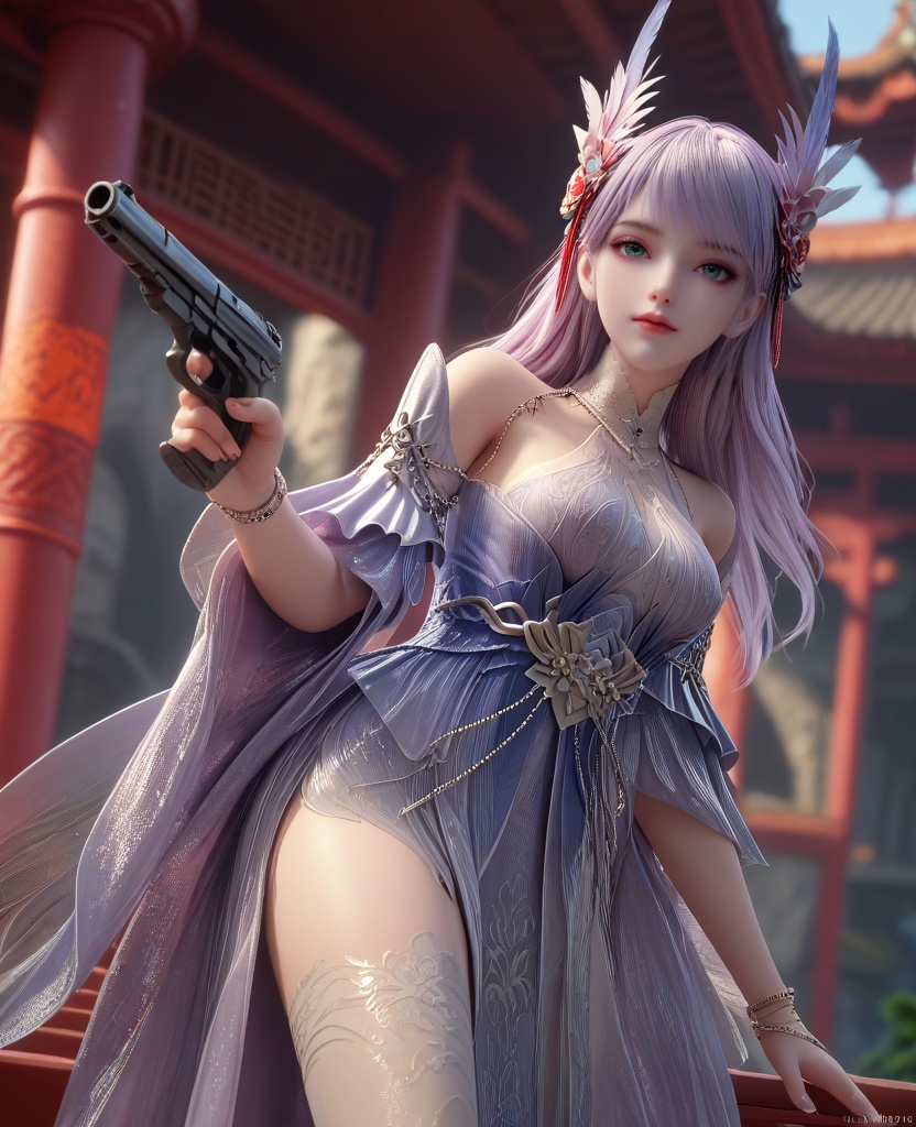 (oriental architecture, elegant decor, sophisticated style:1.1),(shooting viewer, guns in hand:1.1),(breasts:1.2),<lora:XL16克金玩家林紫玥:0.95>,miss linziyao,lavender dress,green eyes,decorative left eye foils,lilac hair,long hair,hair ornament,bare shoulders,detached sleeves,jewelry,sash,bracelet,white socks with embroidery,, score_9,score_8_up,score_7_up,score_6_up,score_5_up,score_4_up,3d rendering,tag1,tag2, Cinematic Lighting,backlighting,, zPDXL3, zPDXL2,zPDXL, zPDXLxxx, zPDXLrl,