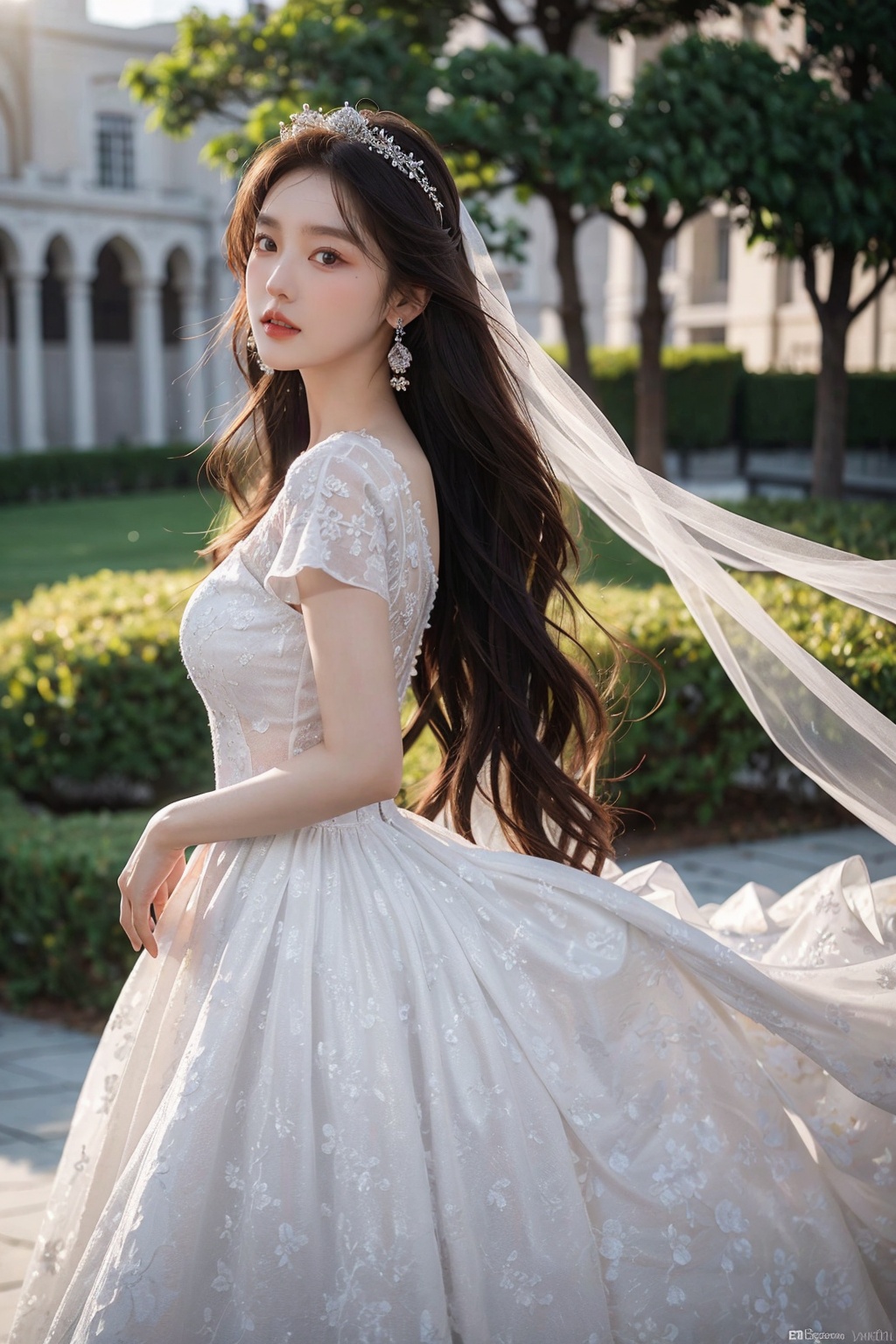 Best Quality,Masterpiece:1.4),(Realism:1.2),(Realisitc:1.2),4K,(photorealistic:1.3),1girl, white wedding dress,long dress,outdoors, flower,  jewelry,print,(Long Wavy Hair),hunsha,veil,Earrings,Jewelry,Tindal Light,<lora:YG梦中婚纱3:0.7>,