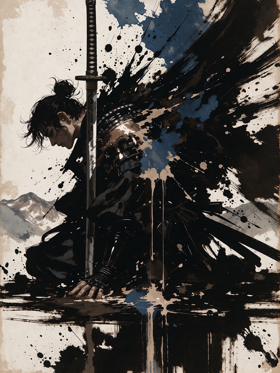 A chaotic ink and watercolor illustration of a lone kneeling samurai in silhouette,  head bowed in quiet resolve before a...