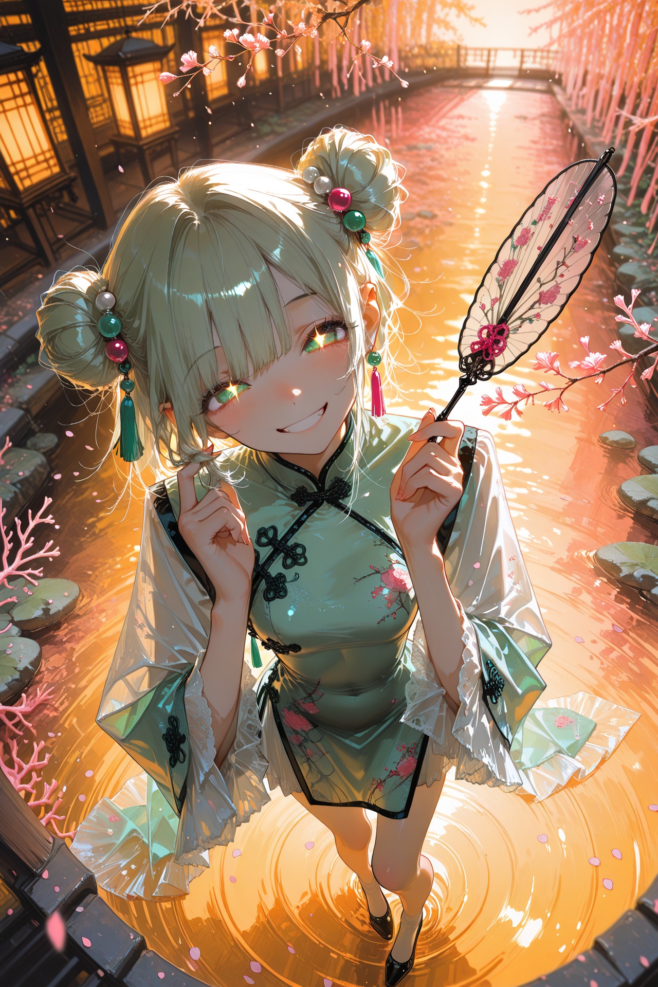 masterpiece,best quality,amazing quality,very aesthetic,absurdres,newest,(dino_(dinoartforame):0.3),(yoneyama mai:0.7),(quasarcake:0.5),1girl,gui_zhong,from above,A cheerful Chinese-style girl,(smiling brightly with sparkling eyes),(playful dynamic pose: twirling with a silk fan),Wearing a modernized qipao dress in (soft mint green and coral pink),(delicate floral embroidery on hem),(semi-transparent silk sleeves),(traditional frog buttons with pearl details),Hair styled in (double buns with hanging beads accessories),(loose strands framing face),Ambient lighting with (golden hour glow),(cherry blossom petals floating around),Background of (blurred Jiangnan garden architecture),(willow branches),(koi pond reflection),