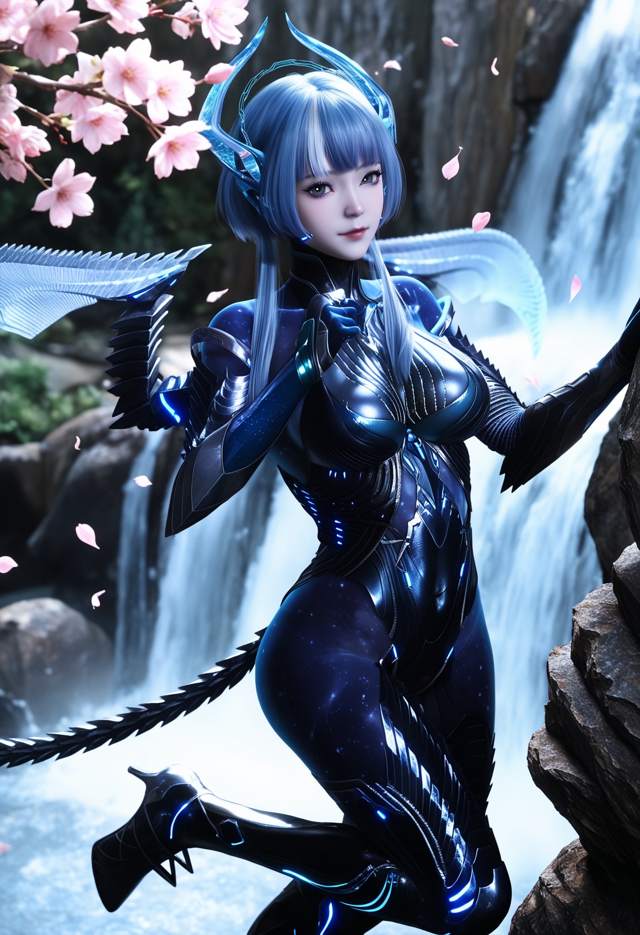 masterpiece,best quality,amazing quality,high resolution,ultra-detailed,absurdres,(looking at viewer:1.1),upper body,(moody lighting:1.1),waterfall,peach blossom,falling petals BREAK large breasts,babata,1girl,solo,blue hair,short hair,horns,bodysuit,blue eyes,wings,blue skin,blunt bangs,tail,short hair with long locks,sidelocks,grey hair,black eyes,armor,headgear,white hair,high heels BREAK photorealistic details,<lora:QQSillbabataV1:0.8>,