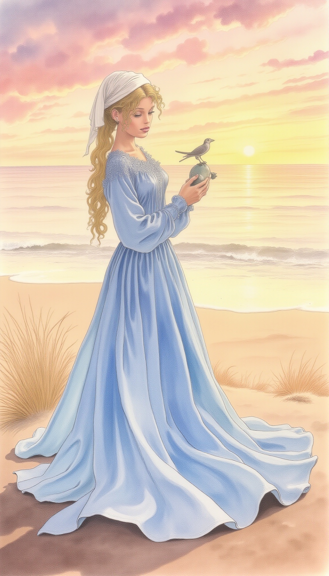 This is a watercolor painting depicting a serene,  romantic scene at sunset. The artwork features a young woman standing o...