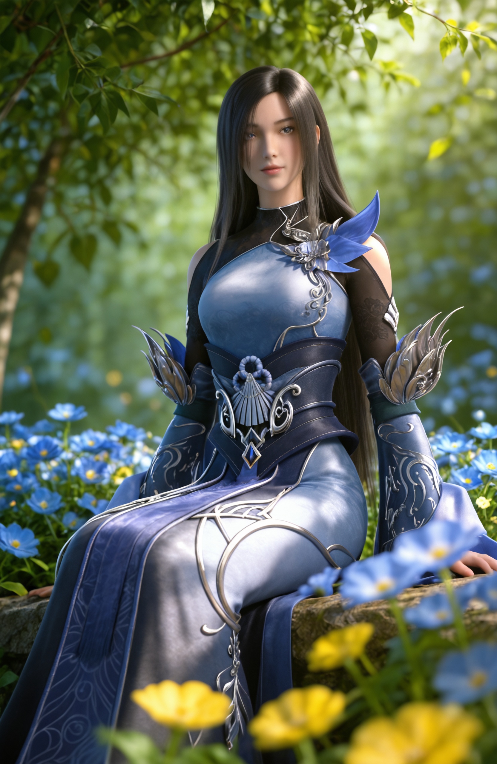 <lora:完美世界-重瞳者Pony:0.8> 1girl, black hair, long hair, blue dress, shoulder cutout, detached sleeves, long sleeves, sash,, realistic style photo,outstanding style,adding a touch of dimension to your images without compromising details,whirls of vapor,ethereal ambiance,delicate details,magical atmosphere,concept art,highly detailed,ultra-high resolution,32K UHD,sharp focus,best-quality,masterpiece,golden hour,unconventional supreme masterpiece,masterful details,temperate atmosphere,with a high-end texture,in the style of fashion photography,magazine style,Dynamic Angle,Dynamic posture,(cowboy_shot:1.2),depth of field,lens flare,extreme aesthetic,masterpiece,best quality,good quality,newest,year 2025,very aesthetic,absurdres,Visual impact,A shot with tension,ultra-high resolution,32K UHD,sharp focus,best-quality,masterpiece,Emotionalization,unconventional supreme masterpiece,masterful details,temperate atmosphere,with a high-end texture,in the style of fashion photography,(Visual impact:1.2),giving the poster a dynamic and visually striking appearance,, 1girl, flower, sitting, solo, blurry, yellow flower, blurry background, outdoors, sunlight, looking at viewer, nature, depth of field, arms at sides, leaf, tree, light rays, plant, feet out of frame, day,