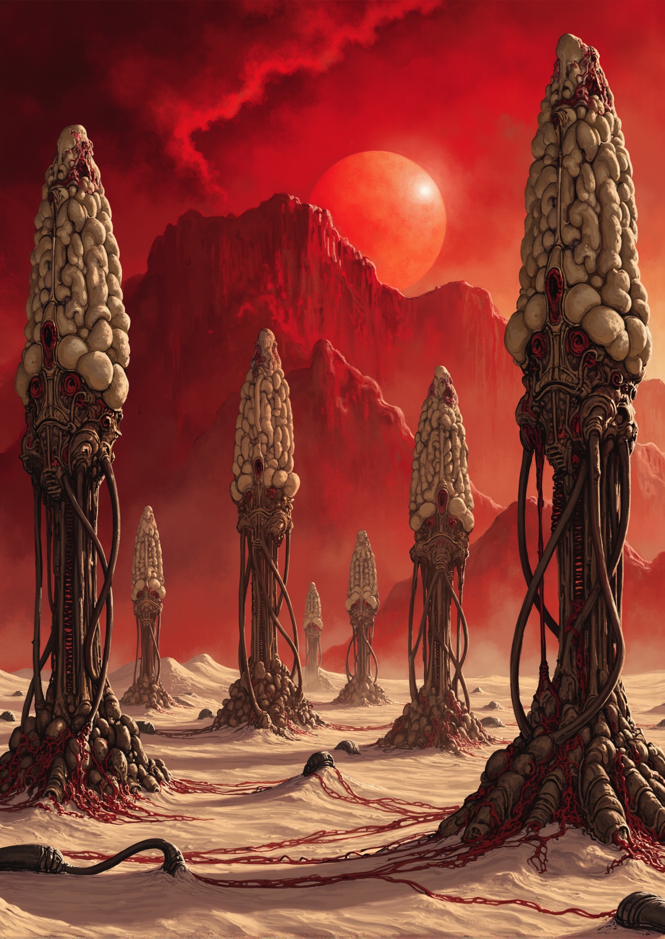 Landscape of a surreal biomechanical desert under a blood-red sky in style of AITB_FLUX_scorn . Huge ancient giant horseta...