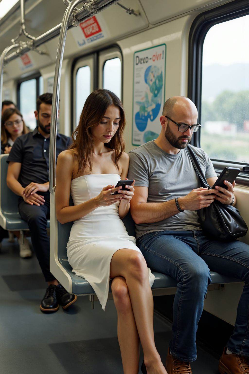 The image captures a diverse group of individuals seated on the train,all engrossed in their smartphones. The central figure is a young woman with a fair complexion,long brown hair,and a slender physique. She is dressed in a strapless white knee-length dress with a wide, which accentuates her small bust and slender frame. Her legs are crossed,and she is wearing black high-heeled shoes. She is holding her smartphone in both hands,her expression focused and slightly pensive. To her right,a bald man with glasses and a fair complexion is dressed in a grey T-shirt and dark pants. He also holds a smartphone and has a black bag slung over his shoulder. To her left,a man with a medium complexion and short hair is dressed in a dark shirt and pants,also holding a smartphone. The subway car has a modern,clean design with grey and white tones,and the windows are large,allowing natural light to filter in. The seats are grey,and the overhead handrails are metallic. Posters and advertisements are visible on the walls,adding to the urban atmosphere.