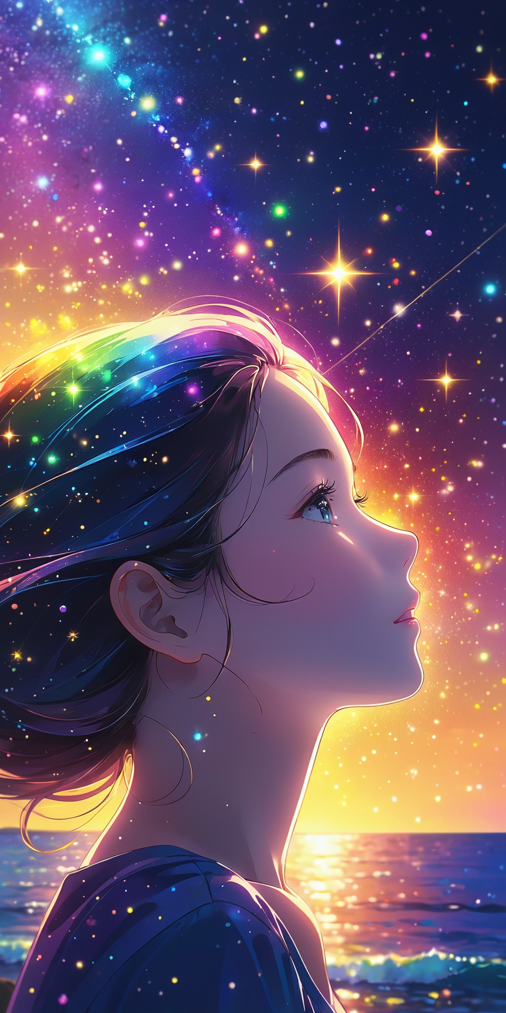 Best quality,masterpiece,1 girl,closeup,portrait,upper body,left,face from side,on the sea,(under the starry sky:1.1),the sea reflects the starry sky,rainbow color light reflected on the girl's face,sparkling lights,magical atmosphere,pointillism,Silhouette view,Cosmic wonders,Mysterious and colorful,nebula light,cosmic light,galactic light,Astronomical view,Macroscopic perspective,perspective view,masterpiece,